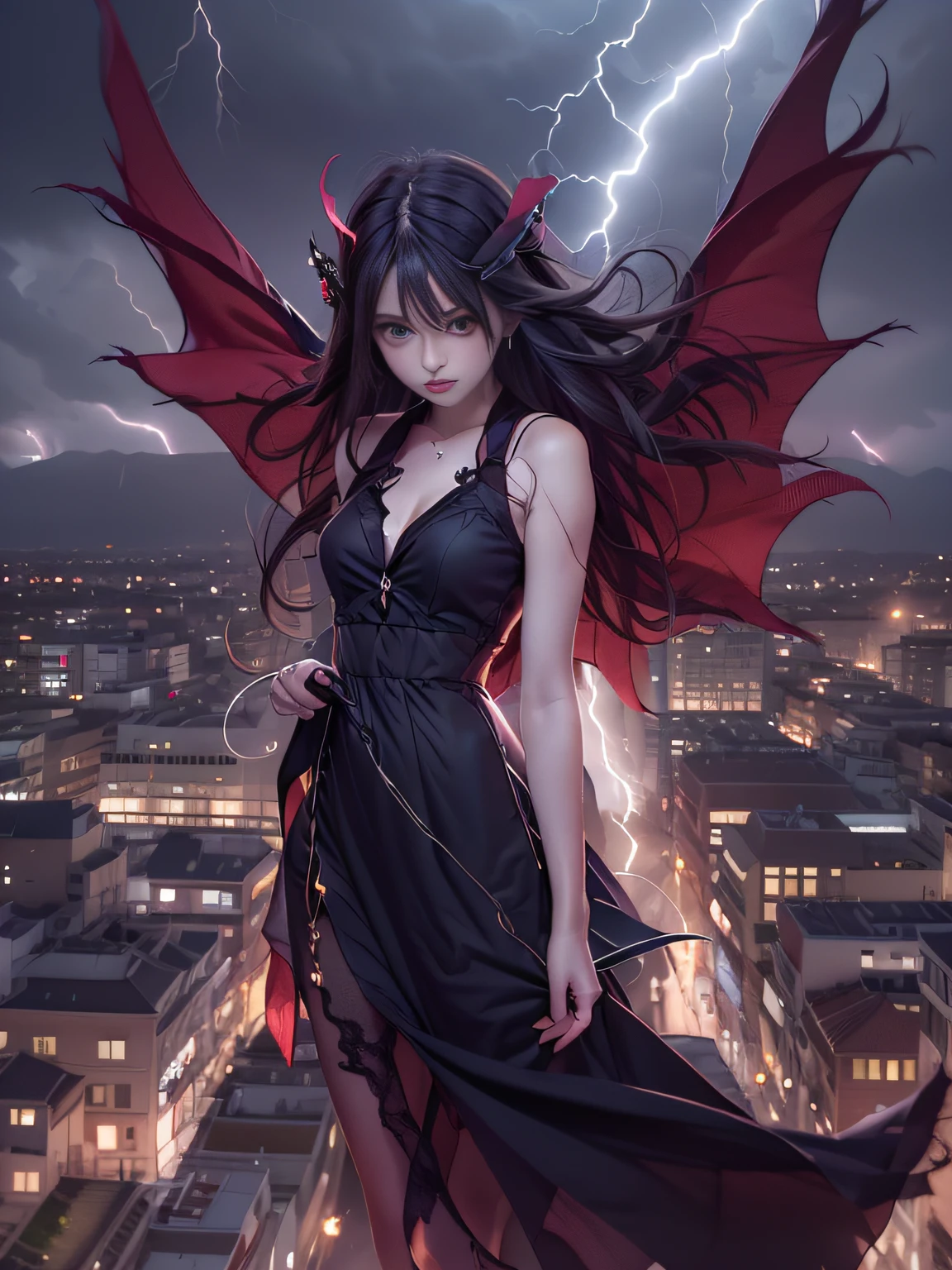 Black goth-rowley girl floating in the city with lightning,Goth**** albino girl floating in the city with one hand,Woman in black dress with red and black hair, Gothic Maiden girl, girl in black dress, 1 7 year old girl,Old Goth girl, an elegant gothic princess, artwork in the style of guweiz, in the art style of bowater, dreamy gothic girl, 8k high quality detailed art, gothic art style, wearing a gothic dress,closing,Wearing underwear,Red Eyes,Looking down,white  hair,Wind,Head tilt,White hair, Silver hair, Long hair, Blunt bangs, Straight hair, Big hair, expressive hair, (Red eyes that glow intensely:1.8), Downward eyes, (Red Eyes:1.5),small tits,Thin leg,Crazy, Disappointed,wide Shots,wide angles,sideshot,3 views,,(Close up portrait of a person in a black dress flies over the city:1.7),People fleeing the busy streets of the city lined with shops々, busy street, Street crowded with people, photograph of the city street, japanese downtown, Traditional Cities of Japan, Busy streets,busy cityscape, bustling city, Crowded with people, Bustling streets in the moon, crowdedstreets, shutterstock, Bustling small town streets,bad weather、A huge amount of purple lightning came out of the girl's hand and hit the city,Dark clouds cover the city pierced by clouds of lightning, Lightning clouds, Atmospheric lightning, Pink lightning, With thunderstorms, Dark storm with lightning, Dramatic purple lightning, Lightning in the sky, Contrast Lightning, thunderstorm in the sky, Lightning in the background, With lightning, Stormy weather with lightning, Upper volumetriclightning,Effect of wearing purple aura,(Control a large number of lightning with open arms:1.4),Destroy the city with a girl's lightning attack,Called nose,Lightning effect on both hands,Countless balls glowing purple around the girl,goddess of lightning, Storm, Storm outside, She attracts a lot of purple lightning,