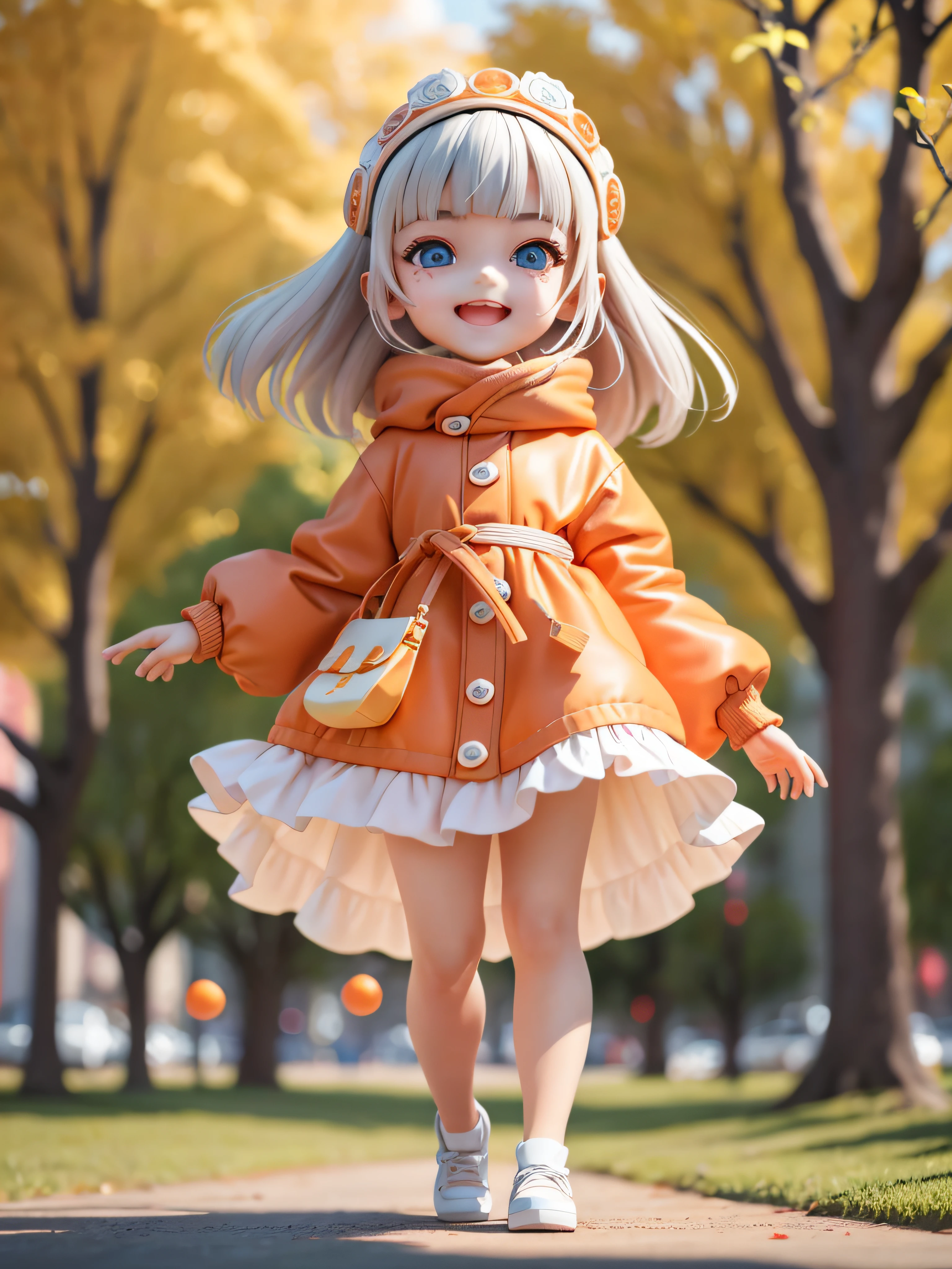 (Daisaku), (Extreme), (Ultra Detailed), (Prime: 1.9), 1girl, Sunshine, Cute, Orange, (Big Head: 1.8), Doll, Smile, Open Mouth, Urban, Fashion, Coat, Blush, Tree, Shirt, Short Hair, Orange, White Headdress, Blurry, Long Sleeves, Bangs, White Hair, (Beautiful and Delicate Face), (Beautiful and Delicate Eyes),