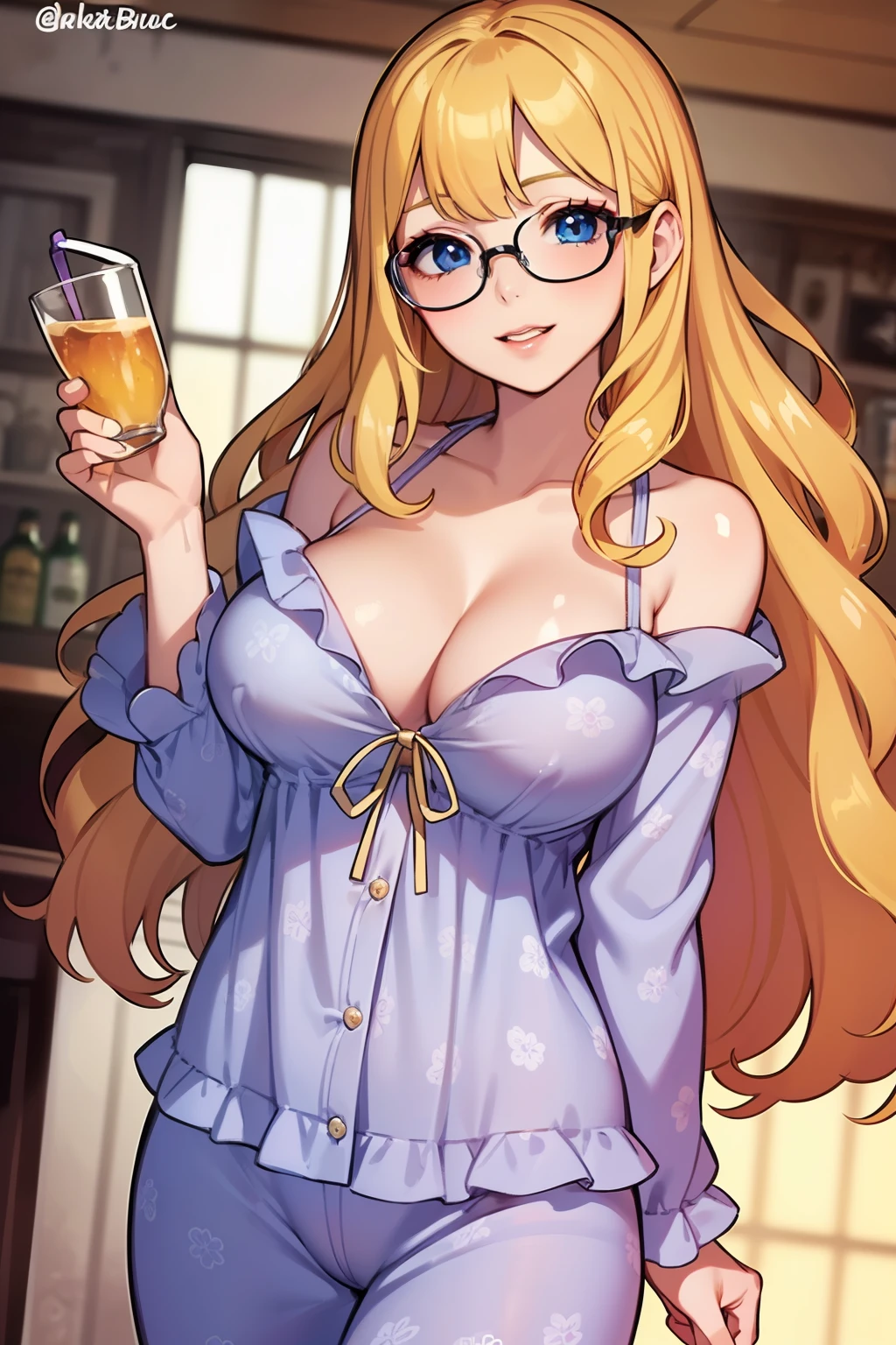 ((top quality)), ((masterpiece)), ((perfect face)), ((background blur)), (ultra detailed), sharp focus, Two beautiful ladies, dark blue eyes, (beautiful detailed eyes), blow hair, (hairdo vertical roll aristocrat daughter), Pale purple pajamas with cute pattern, slightly unbuttoned, cool, sexy, bosom showing, seductive, noble, focus on eyes, Drinking beer in a pub, bustling around, happy expression, Looking at viewer, dynamic angle, dynamic pose, close-up, view from below, Nipple bulge marks on pajamas, lipgloss, shiny lips, perfect lips, detailed lips, long wavy yellow blonde hair, round silver glasses