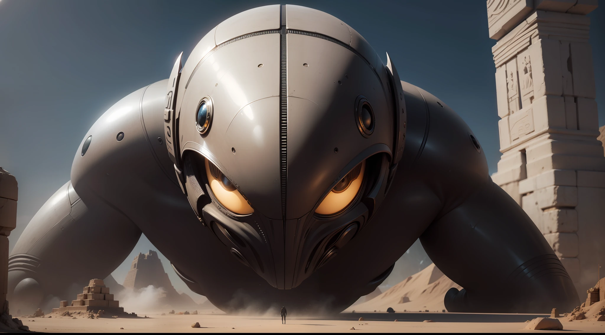 Create an alien, alien pop culture, ET, black eyes, with an alien spaceship behind, In Ancient Egypt, in high definition, 8k resolution, extremely realistic, CG, Studio illustration, studio lens, extremely sharp , best quality, Image size: 3840 x 2160px.
