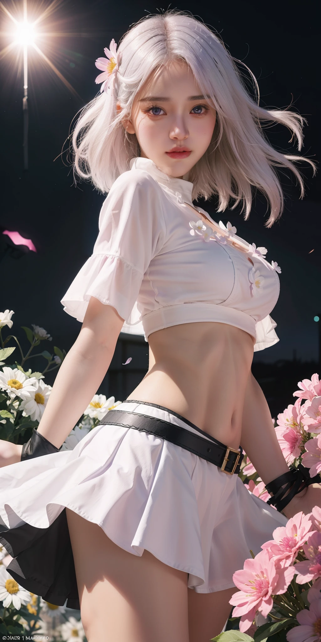 realistic, 1girl, white hair, purple eyes, glowing eyes, crop top, skirt, parted lips, blush, night, flowers, sun, sunlight,