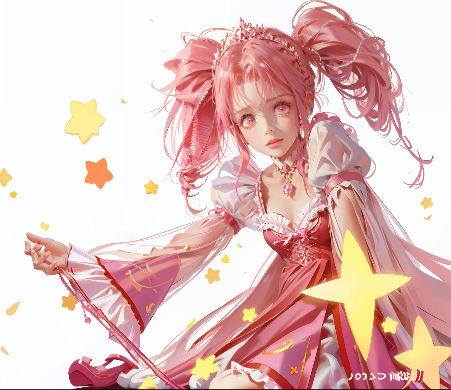（ultraclear，A high resolution，Surprising detail，1girll，dual horsetail，frizzy hair，Delicate facial features）ssmile，Pink double ponytail and pink eyes，Anime girl in pink dress，tiara crown，Highly saturated color，Natural light，Anime princess,  portrait of magical girl, loli in dress, Loli, Lolita prostitute，magical little girl, style of magical girl, Anime moe art style