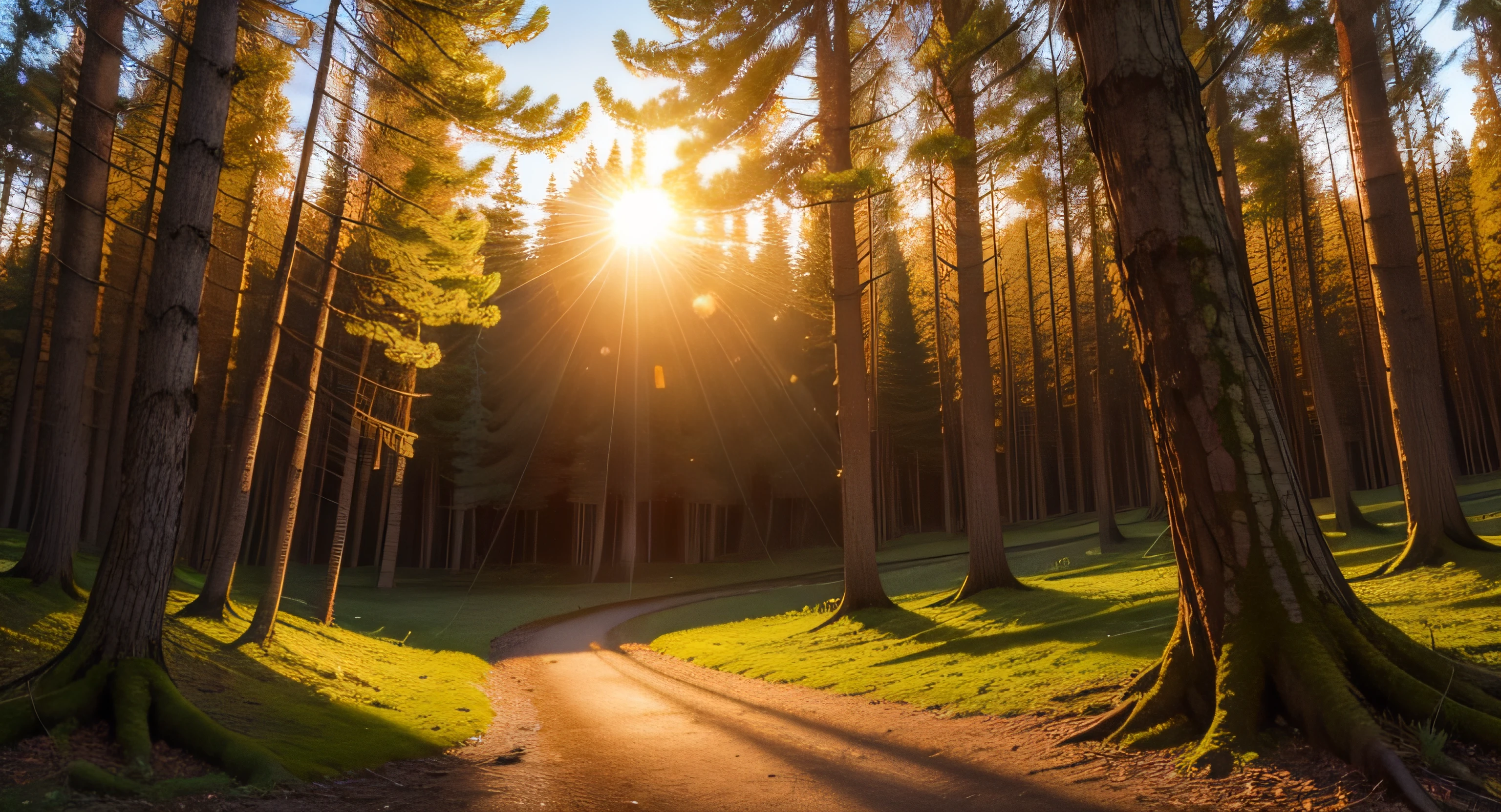 Springtime forest with setting sun shining through leaves and branches