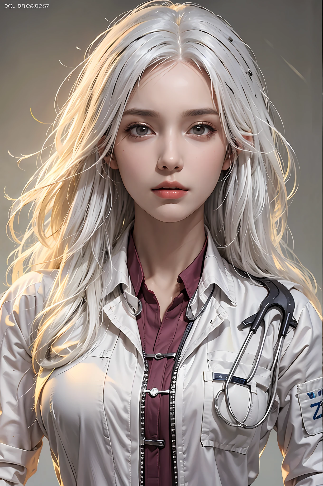 photorealistic, high resolution, 1 women, solo, hips up, look at viewer, (detailed face), white hair, Long Hair, doctor outfit, name tag