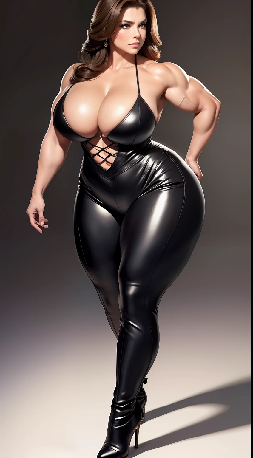 tmasterpiece,finely detailled,Burly woman,Exaggerated large muscles,high heels boots,Full body like,standing on your feet,You can see the feet from the head, Beautiful and charming American female face, Single female,Very fair skin,Very broad shoulders, Strong and powerful arms,Stout arms,Strong and powerful leg muscles,thick leg,looking to the camera