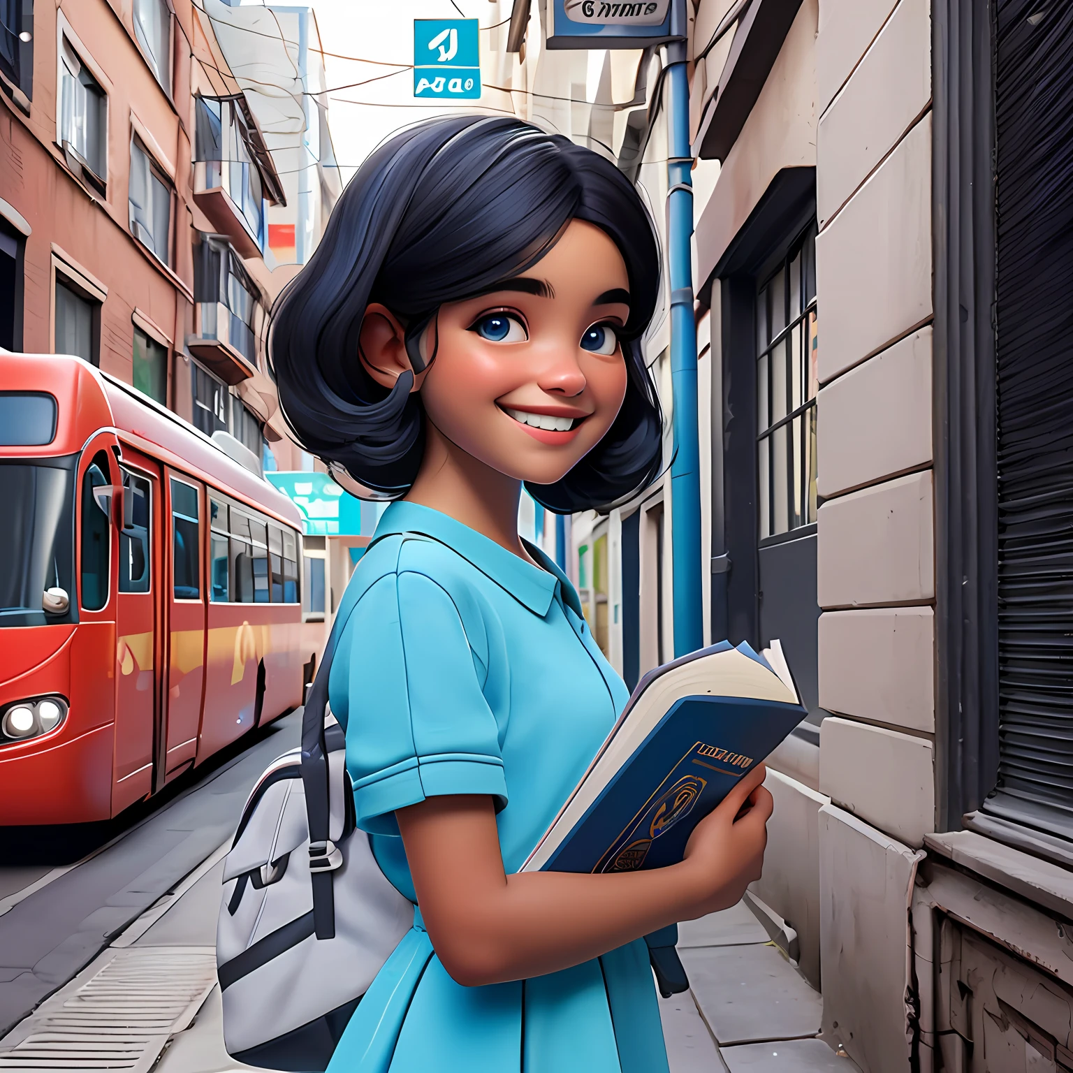 menina negra, adolescente, vestido longo, sorriso claro, ao ar livre, turbante, Seu cabelo esta preso, tom azul claro e preto, corpo inteiro, The background is filled with an urban tone of the city, evoking a sense of lightness and happiness.