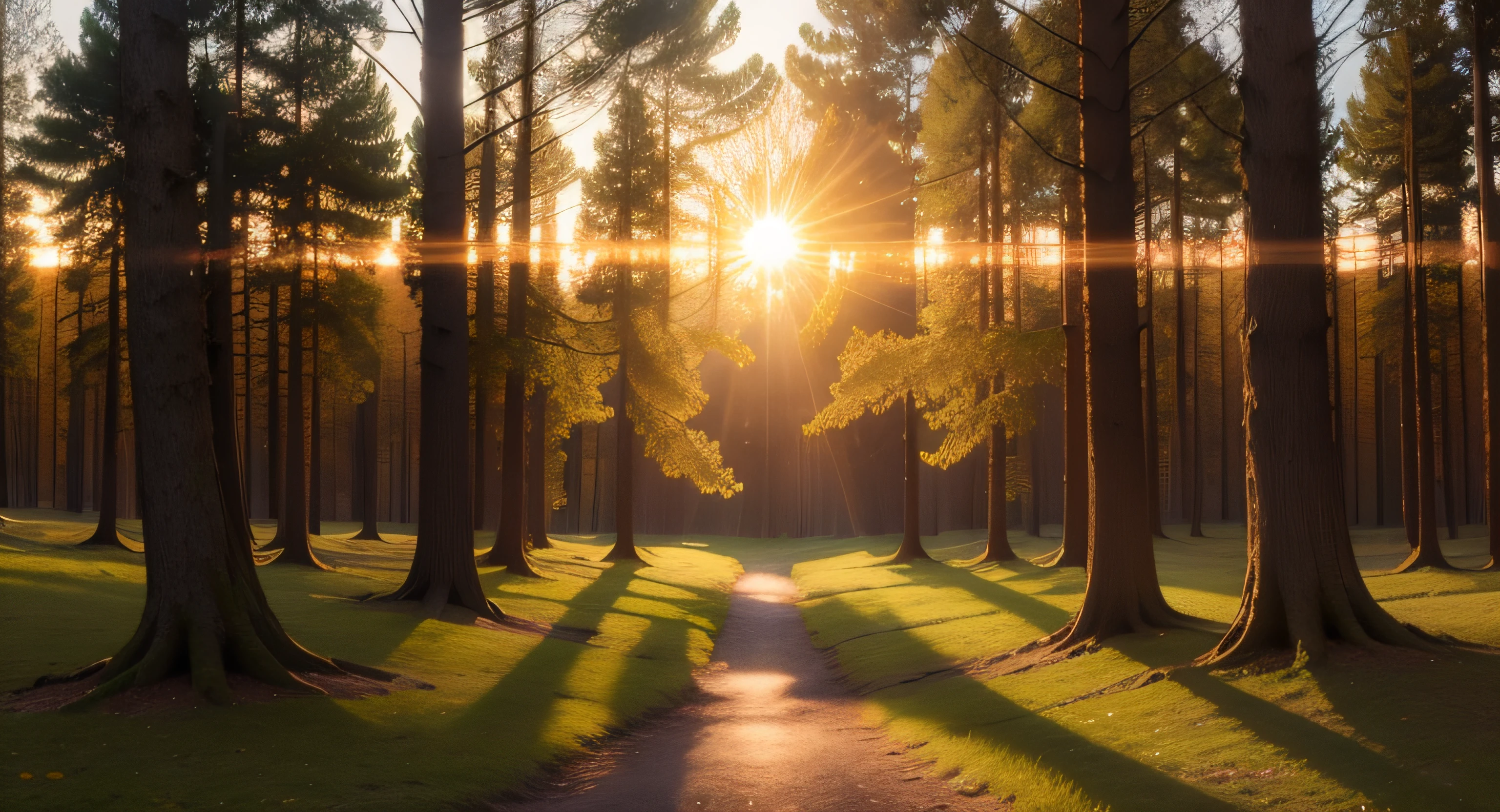 Springtime forest with setting sun shining through leaves and branches