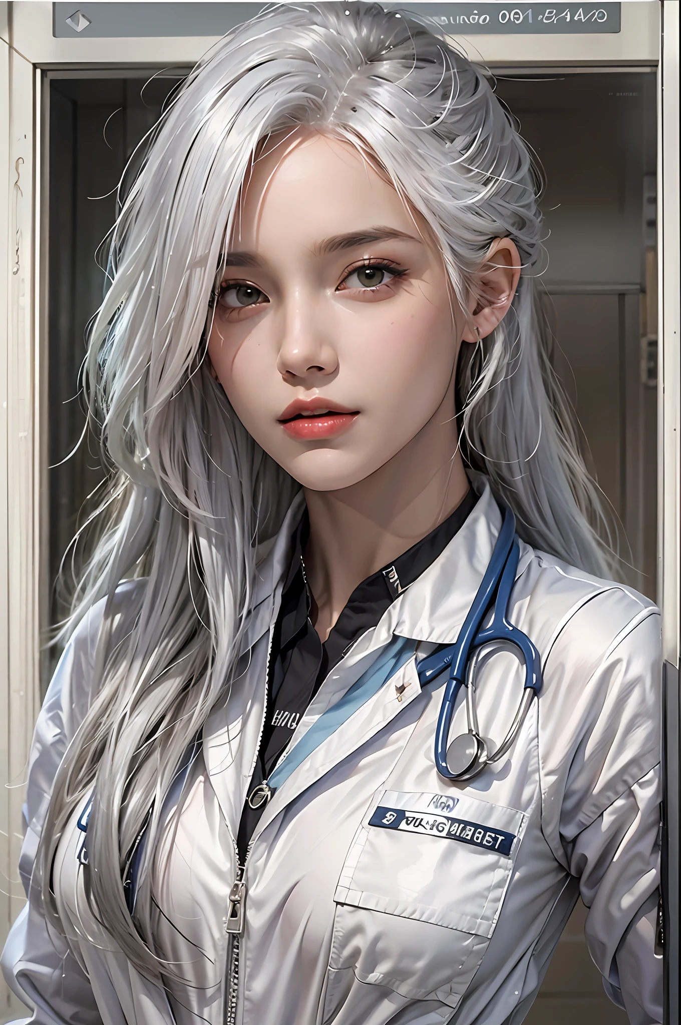 photorealistic, high resolution, 1 women, solo, hips up, look at viewer, (detailed face), white hair, Long Hair, doctor outfit, name tag
