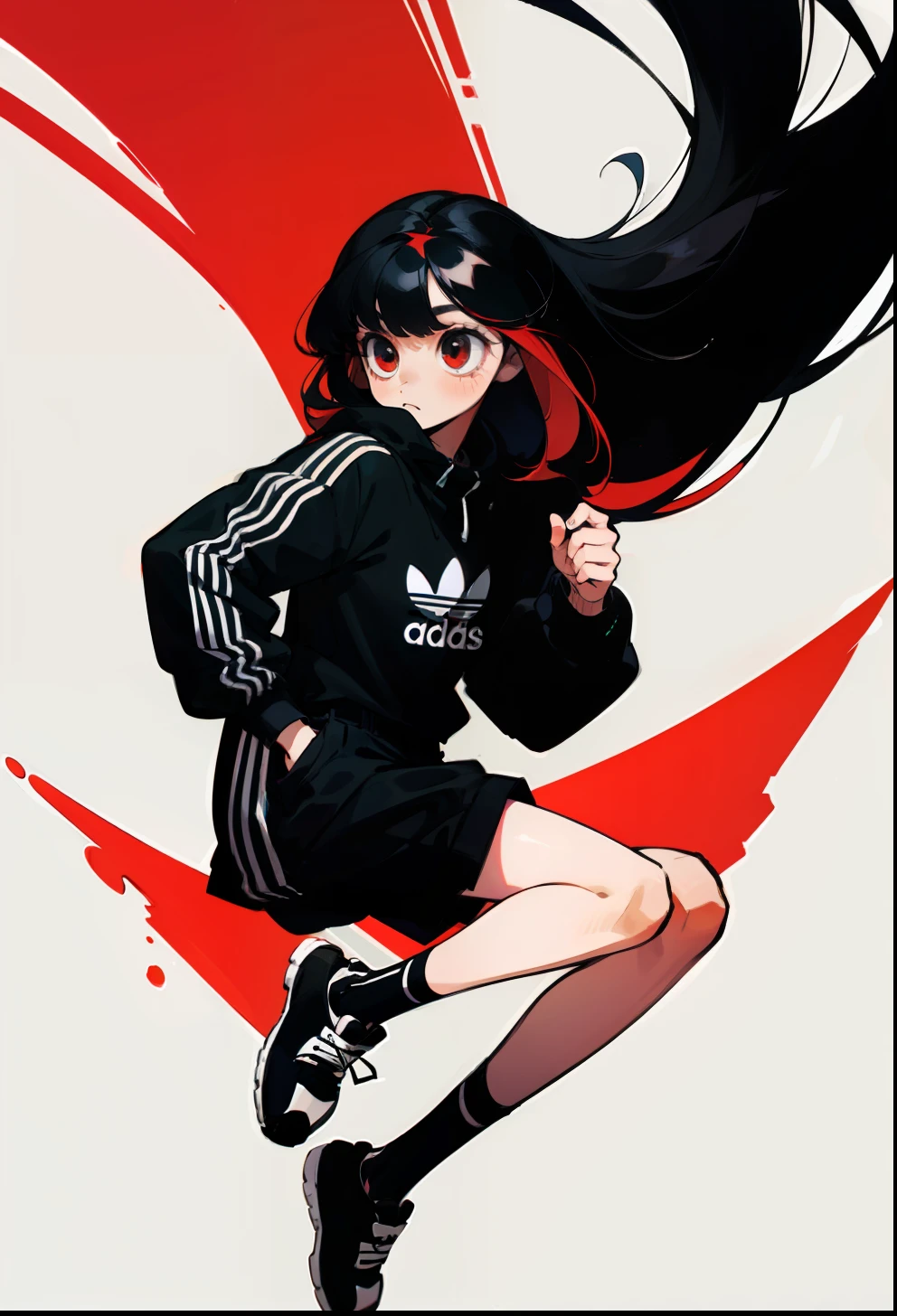 Red-black hair, 1Girl, Adidas Clothing, tiptoe, Long-haired,