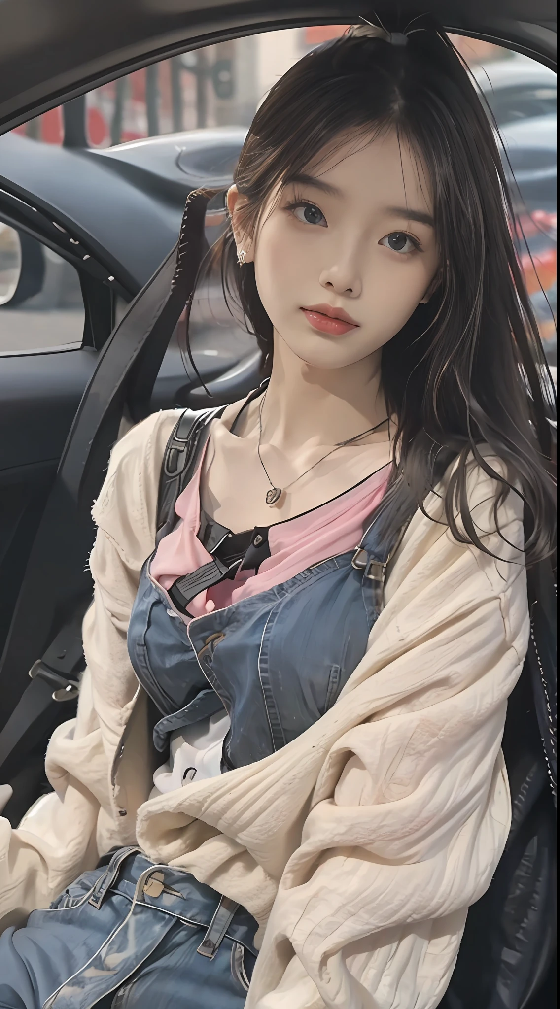 best qualtiy,tmasterpiece,8K分辨率,(realisticlying:1.2),RAW photogr,(Evening street),1个Giant Breast Girl,黑The eye,looking at viewert,long whitr hair,Light makeup,cparted lips,tiny ears,whitet-shirt,denim short,耳Nipple Ring,Sit in Ferrari,Bigchest,Slim