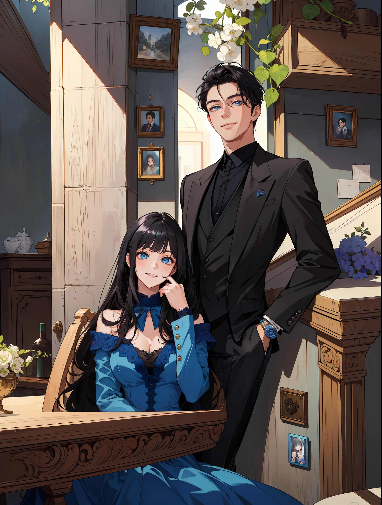 (masterpiece, best quality, highres, Sweet couple, beautiful girl, young boy, smile, couple photo, detailed eyes, blue eyes girl, detailed face, black hair, stylish hair, classy outfit, aesthetic background, highly detailed