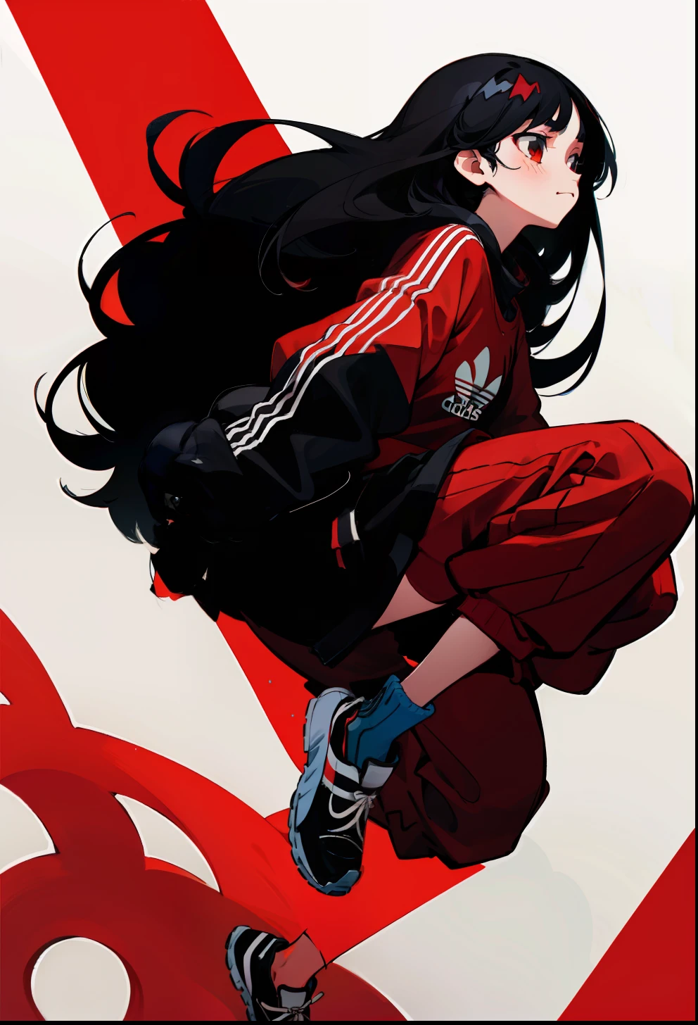 Red-black hair, 1Girl, Adidas Clothing, tiptoe, Long-haired,