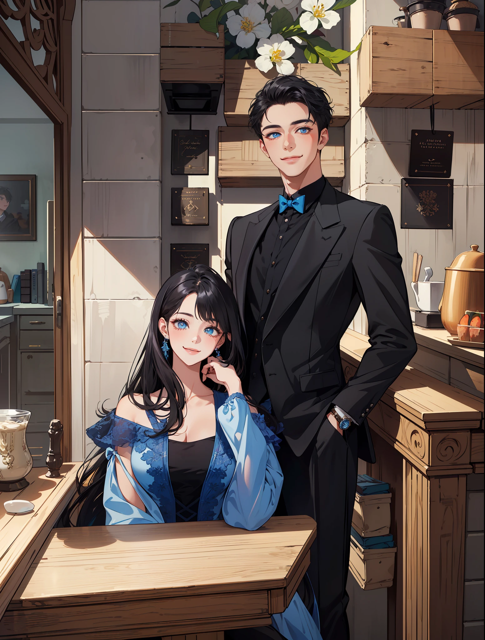 (masterpiece, best quality, highres, Sweet couple, beautiful girl, young boy, smile, couple photo, detailed eyes, blue eyes girl, detailed face, black hair, stylish hair, classy outfit, aesthetic background, highly detailed