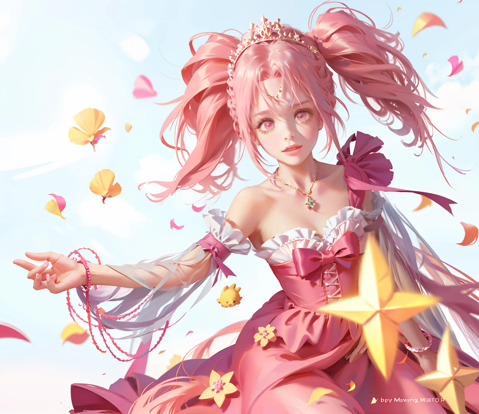 (ultraclear,A high resolution,Surprising detail,1girll,dual horsetail,frizzy hair,Delicate facial features)ssmile,Pink double ponytail and pink eyes,Anime girl in pink dress,tiara crown,Highly saturated color,Natural light,Anime princess, portrait of magical girl, loli in dress, Loli, Lolita prostitute,magical little girl, style of magical girl, Anime moe art style
