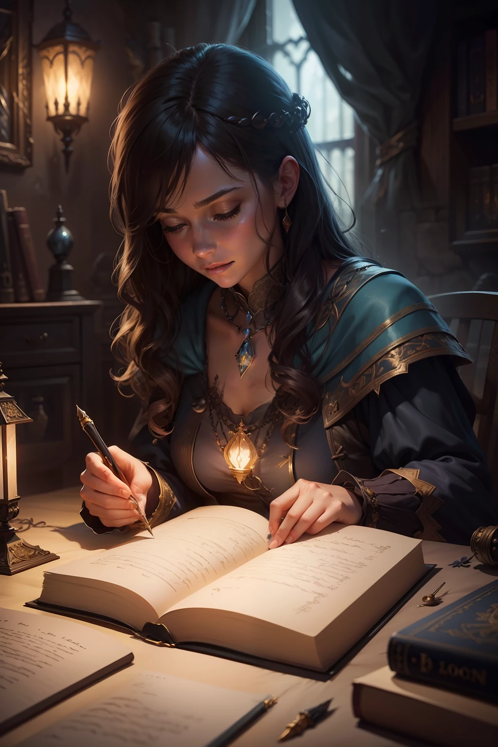 A woman writes a letter in a dark room with a lamp, fantasy rpg book illustration, roleplaying game art, RPG Book Portrait, fantasy book illustration, Fantasy genre portrait, Scientific Fantasy Painting, realistic fantasy illustration, spell casting, Digital Art for Fantasy, Fantasy picture from the cover of the book, fantasy art behance, Fantasy digital painting, D & d fantasy digital painting