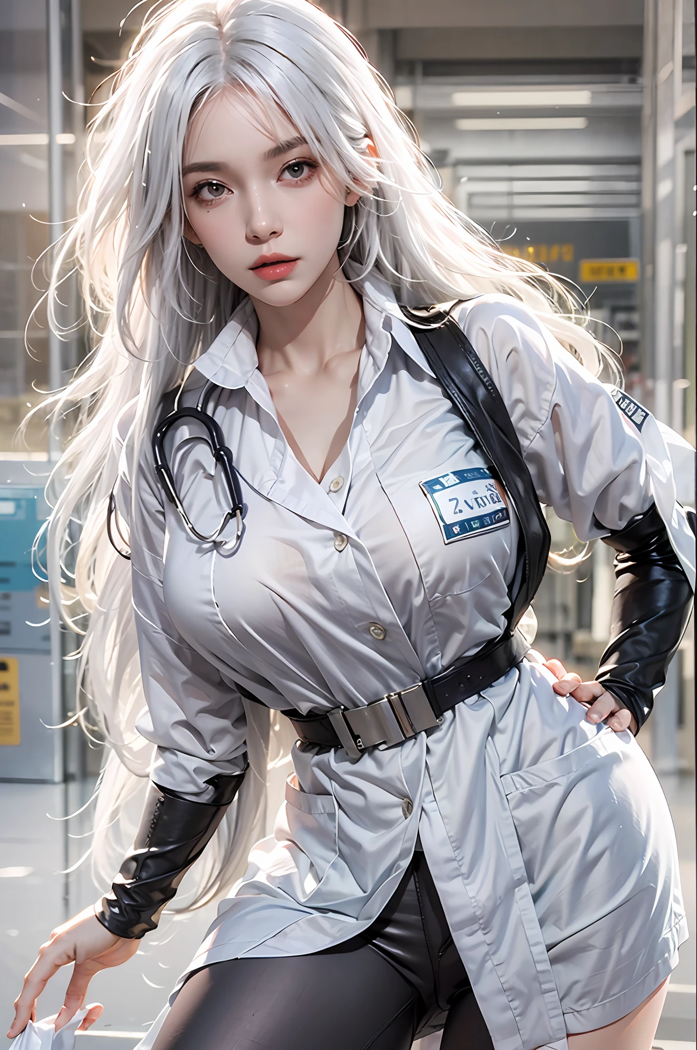 photorealistic, high resolution, 1 women, solo, hips up, look at viewer, (detailed face), white hair, Long Hair, doctor outfit, name tag