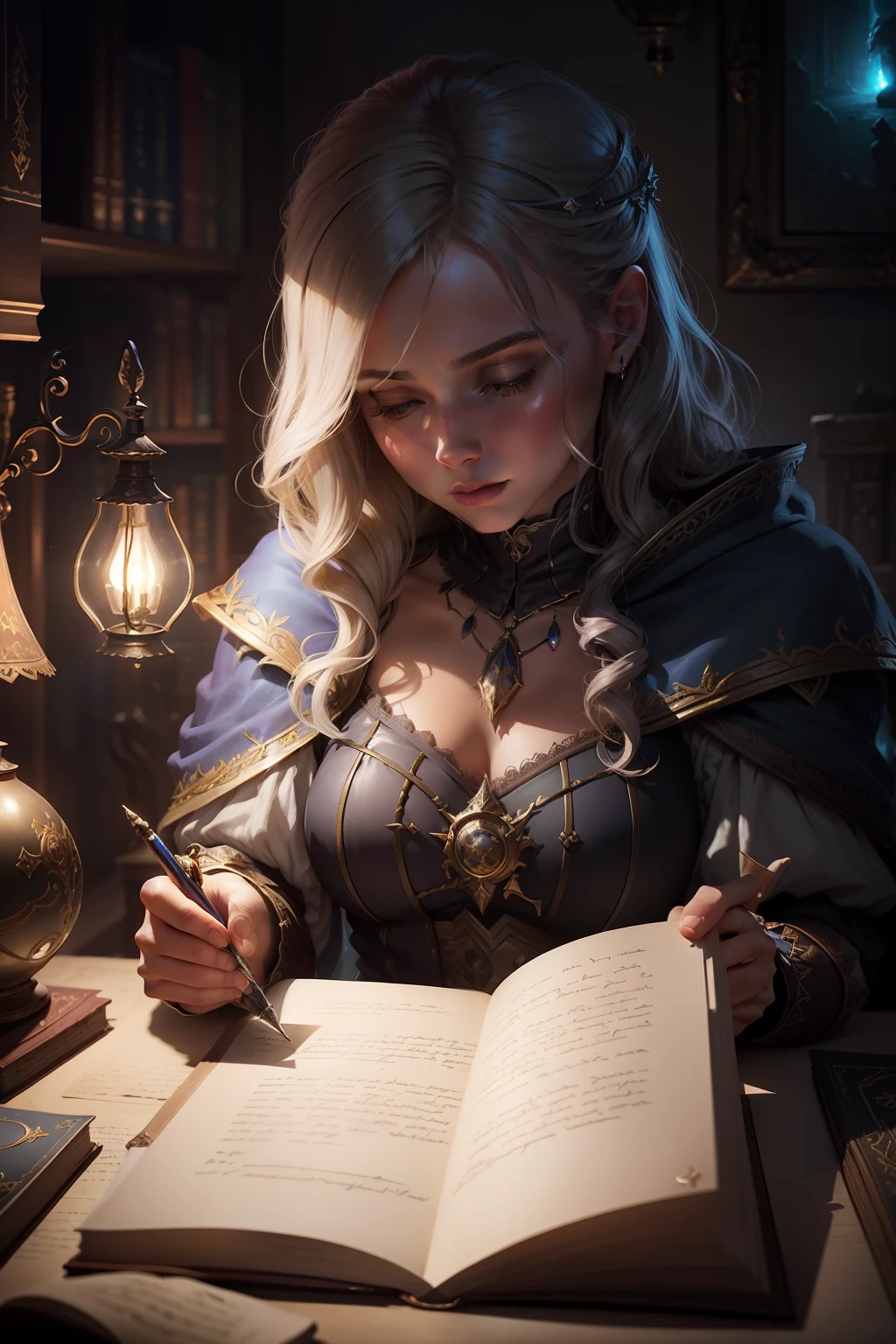 A woman writes a letter in a dark room with a lamp, fantasy rpg book illustration, roleplaying game art, RPG Book Portrait, fantasy book illustration, Fantasy genre portrait, Scientific Fantasy Painting, realistic fantasy illustration, spell casting, Digital Art for Fantasy, Fantasy picture from the cover of the book, fantasy art behance, Fantasy digital painting, D & d fantasy digital painting