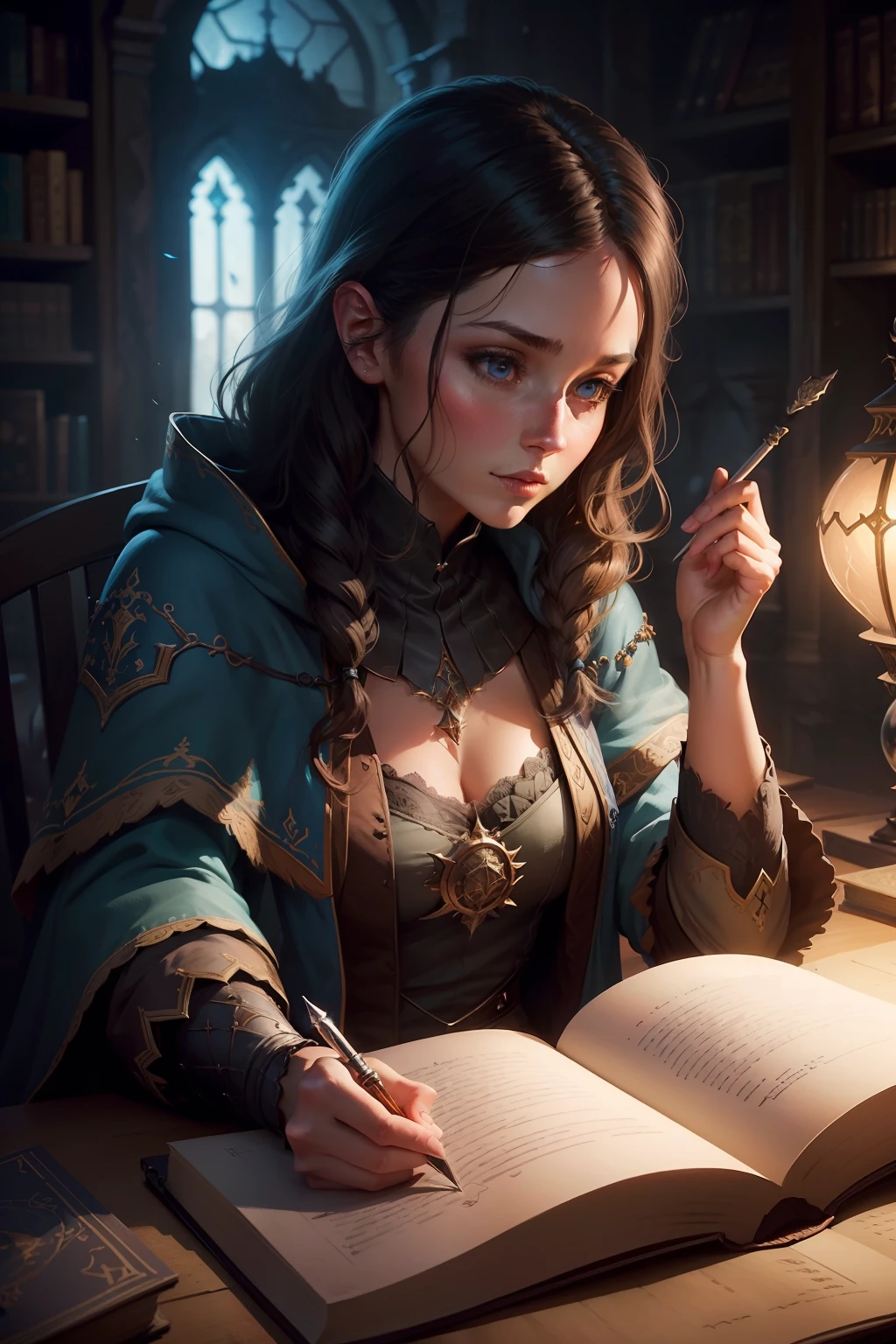 A woman writes a letter in a dark room with a lamp, fantasy rpg book illustration, roleplaying game art, RPG Book Portrait, fantasy book illustration, Fantasy genre portrait, Scientific Fantasy Painting, realistic fantasy illustration, spell casting, Digital Art for Fantasy, Fantasy picture from the cover of the book, fantasy art behance, Fantasy digital painting, D & d fantasy digital painting