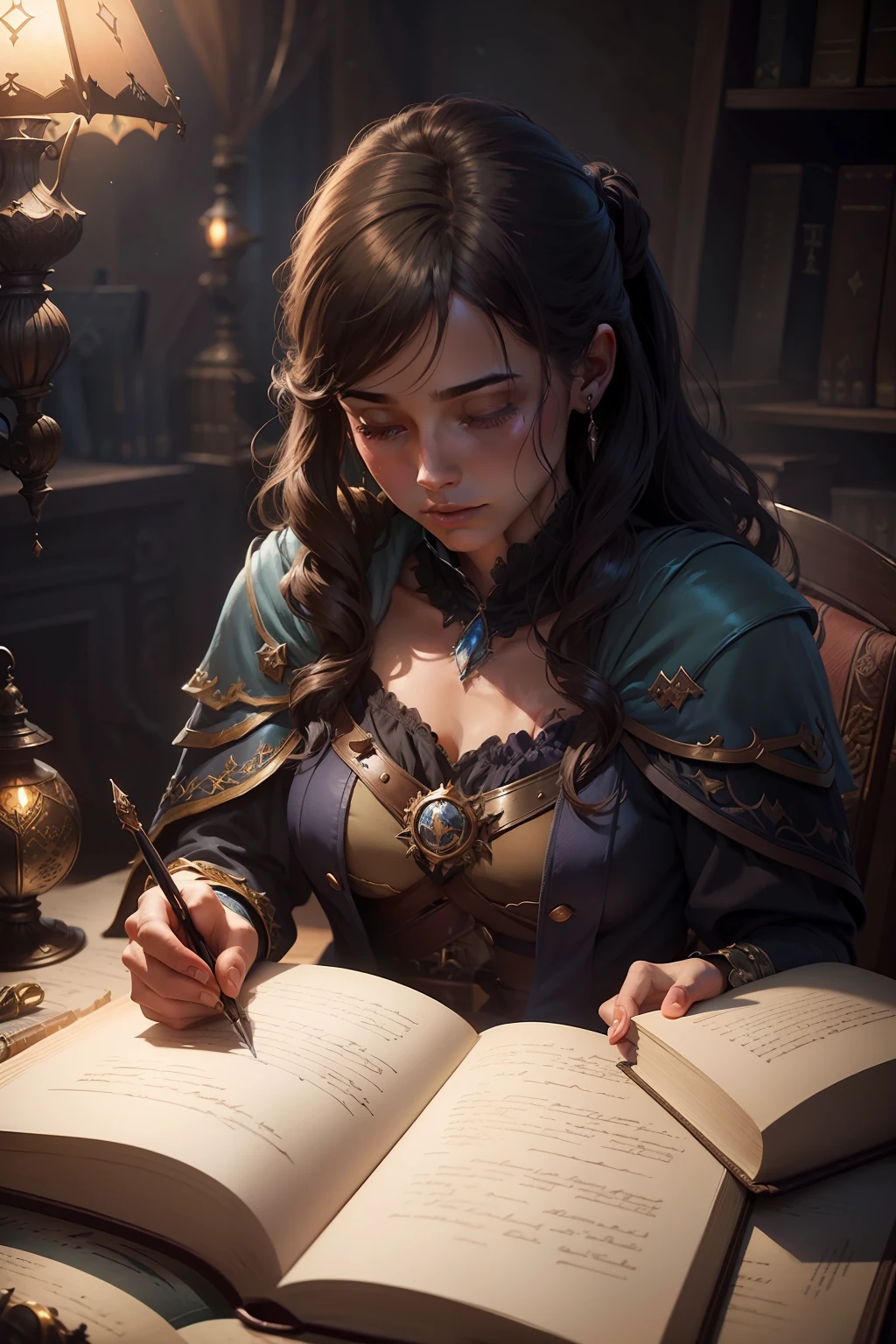 A woman writes a letter in a dark room with a lamp, fantasy rpg book illustration, roleplaying game art, RPG Book Portrait, fantasy book illustration, Fantasy genre portrait, Scientific Fantasy Painting, realistic fantasy illustration, spell casting, Digital Art for Fantasy, Fantasy picture from the cover of the book, fantasy art behance, Fantasy digital painting, D & d fantasy digital painting