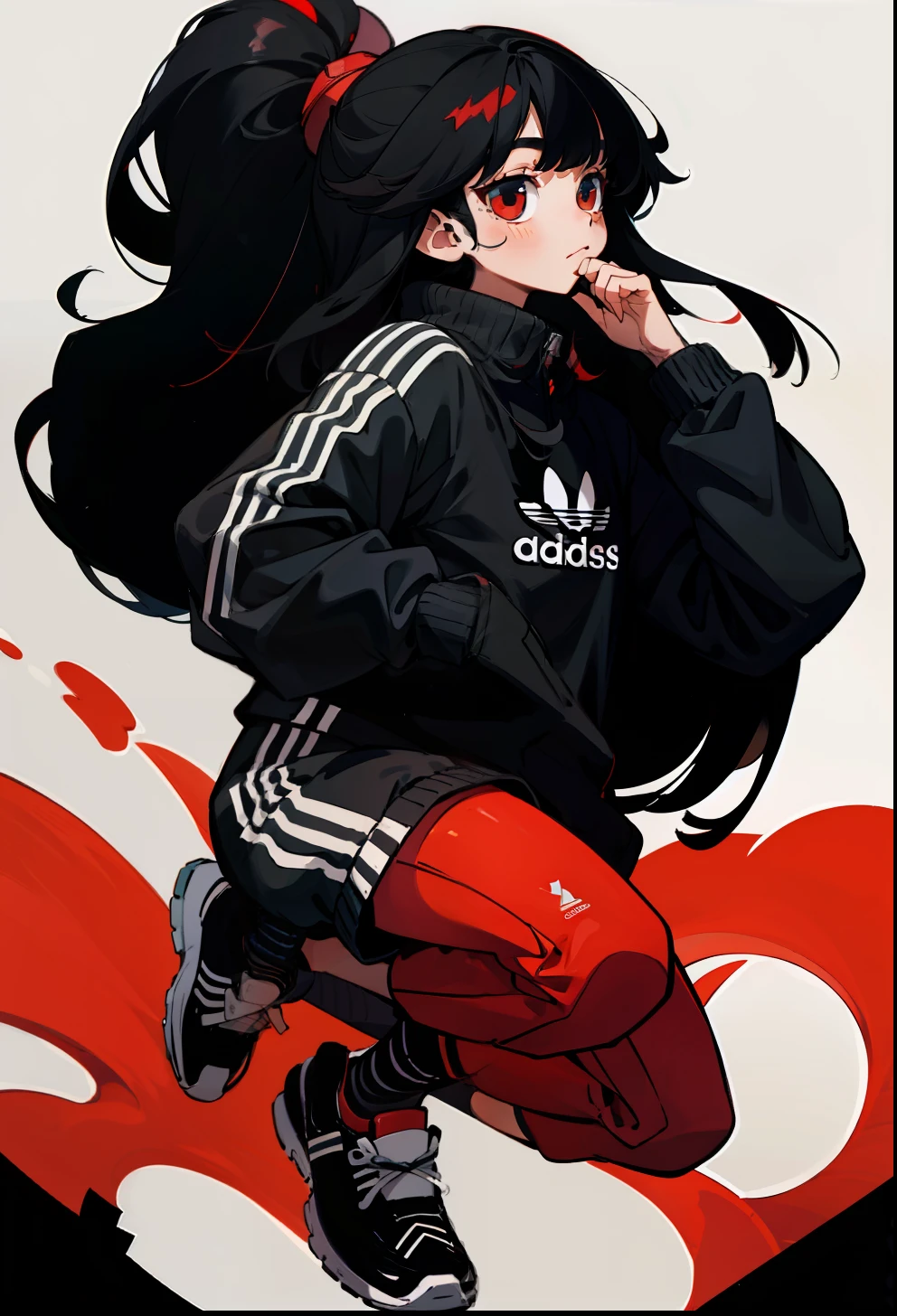 Red-black hair, 1Girl, Adidas Clothing, tiptoe, Long-haired,