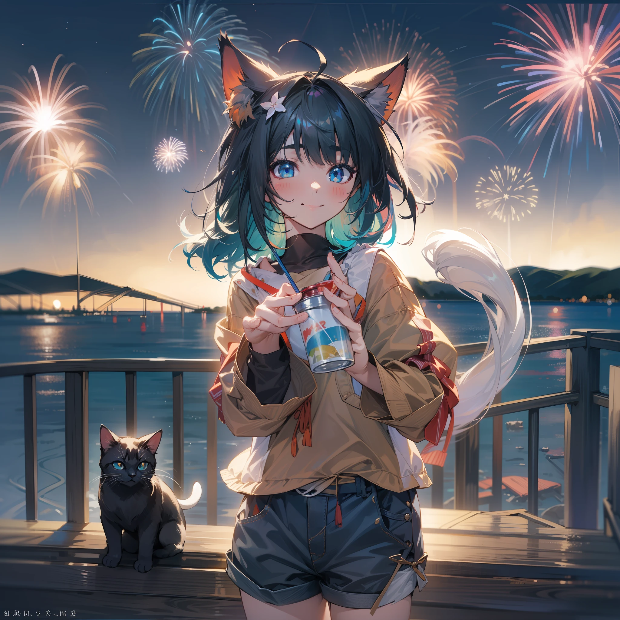 Subject is a young woman with cat ears drawn in 8K high resolution。Her black hair is a short cut、The inner color shines brightly in the night sky.。Cat ears represent her emotions、Show that you're having fun。Her outfit is appropriate for a summer night、Light T-shirt paired with denim shorts、I'm wearing sandals。
She is relaxing on the rocky shore by the sea.、In the distance, you can see the sea at night and fireworks。Next to her were cold drinks and snacks、Her eyes follow the fireworks rising into the sky。
The overall color tone is a mixture of dark blue of summer nights and bright colors of fireworks.。Deep blue of sky and sea、Her bright clothes、And the glow of the fireworks gives color and vitality to the entire screen。8K resolution、Texture of her cat ears and outfit、Even the light of fireworks and the ripples of the sea at night are depicted in detail.。
Her posture is relaxed.、Her eyes and smile watching the fireworks accentuate the atmosphere。The beauty of fireworks and the time she enjoys on summer nights、It gives the whole work a pleasant feeling and summer charm。