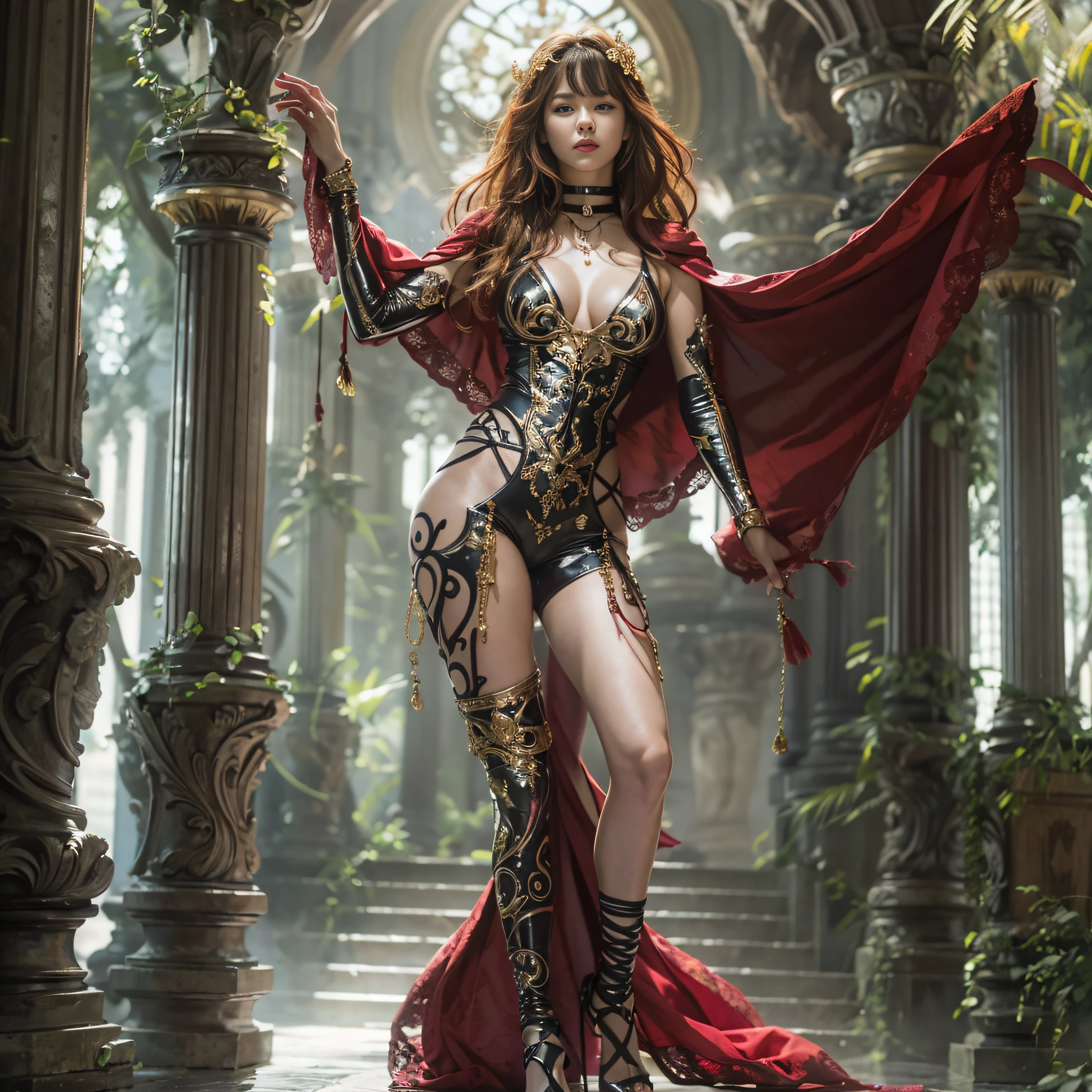 ((masterpiece:1.4)、(top-quality:1.4)、(reallistic:1.7))、a beauty girl、Extraordinary beauty、Bondage style:1.4、latex shiny:1.4、Latex bodysuit、By Luis Royo、age19、1girl in、Super Ultra Ultra Bikini、Sexy Daughter、Colossal tits:1.4、Looking Back Beauty、best proportion four fingers and one thumb、Outstanding style、standingn、fullllbody、foco nítido:1.5、Slender Abs、Anatomically correct representation of the human body:1.4、beauty legs、Two legs、Two arms、hips up high、A detailed eye、Raw photo、red-lips、Red high heels、a choker、a necklace、耳Nipple Ring、Fantastic mythical world landscape:1.4、