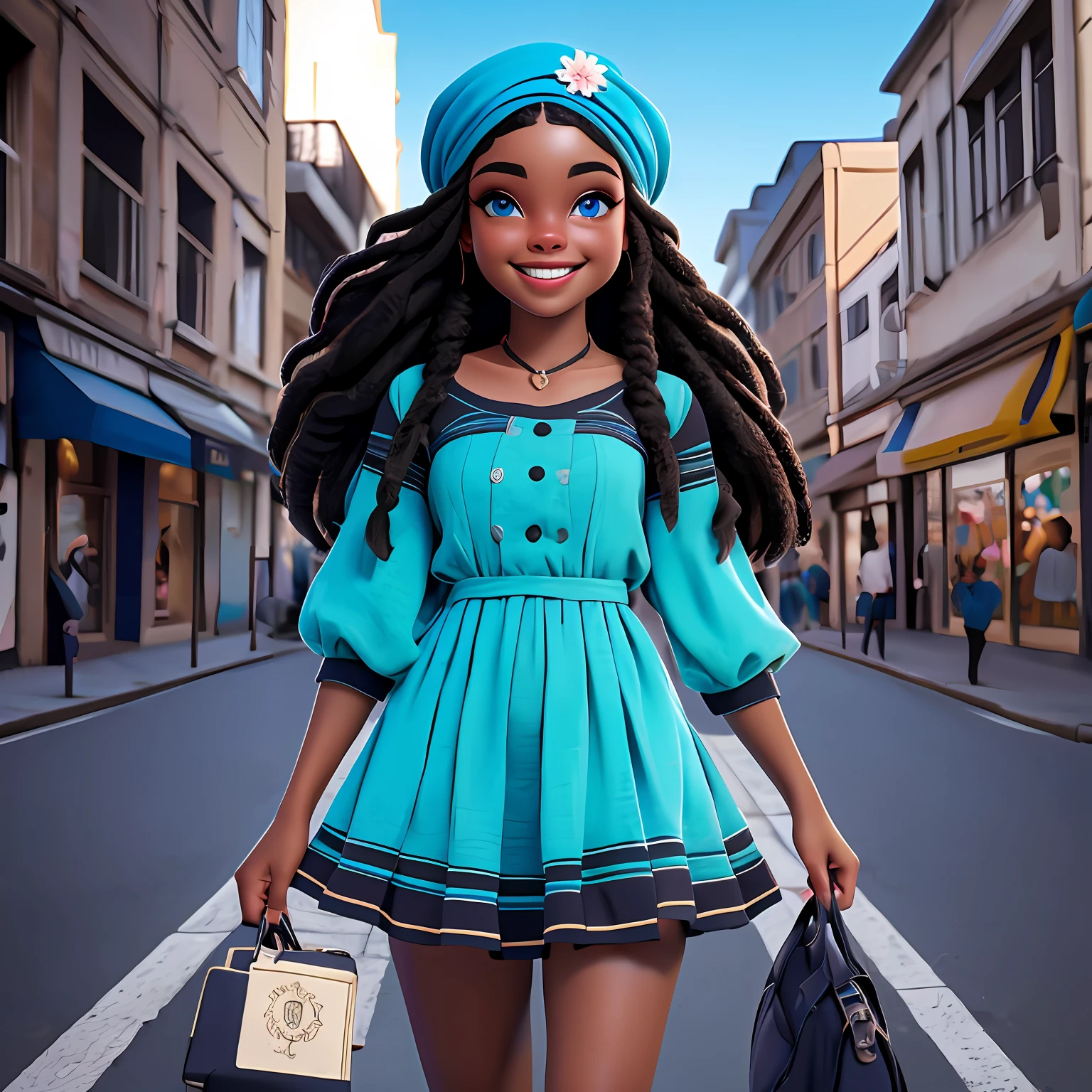 menina negra, adolescente, Vestido longo preto, sorriso claro, flor, ao ar livre, turbante, Seu cabelo esta preso coque, tom azul claro, preto e dread's azul escuro e preto, corpo inteiro, The background is filled with an urban tone of the city, evoking a sense of lightness and happiness.