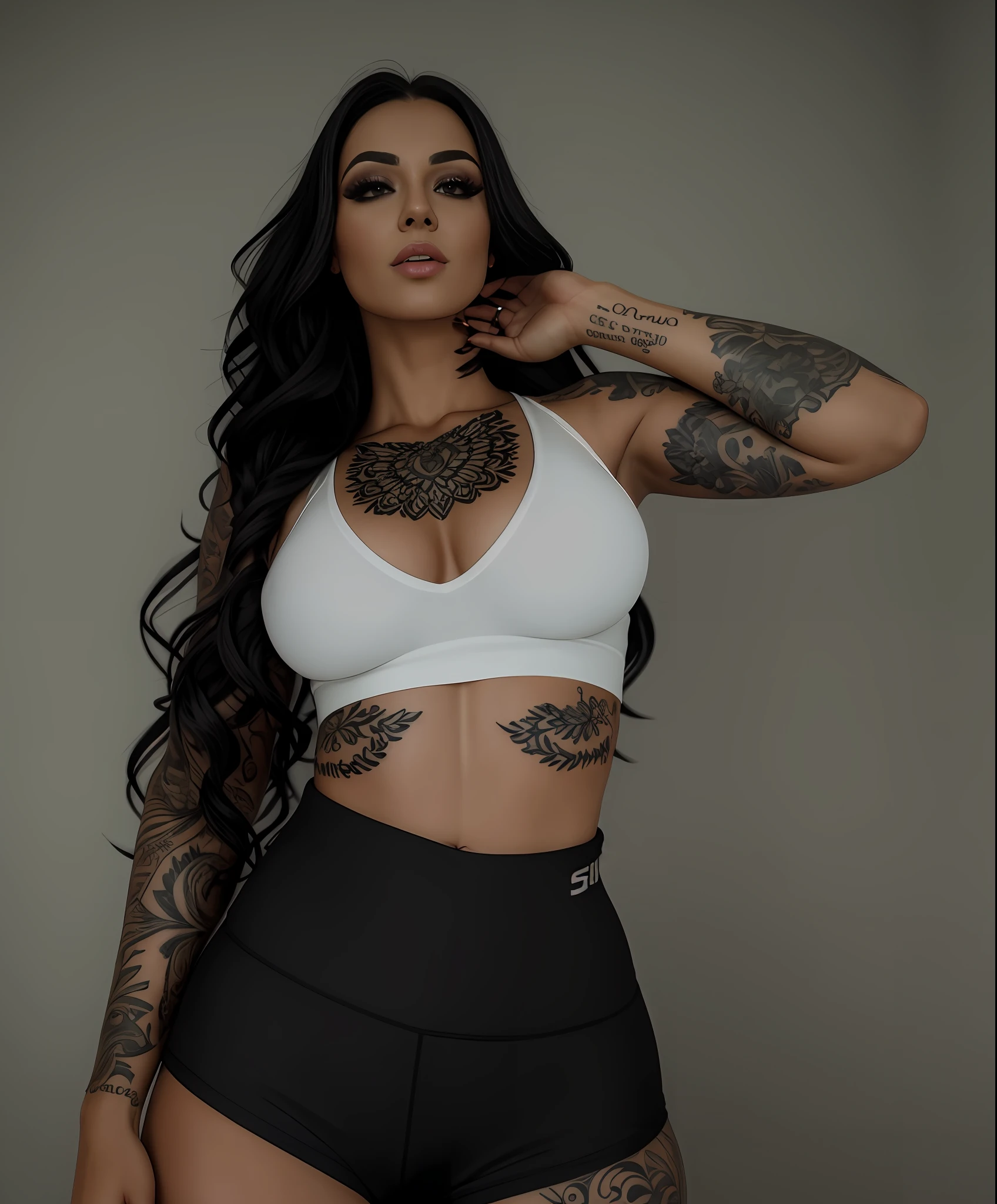 A closeup of a beautiful woman wearing legging pants with tattoos on her arms, com tatuagens, Coberto, Tatuado, corpo tatuado, tatuagens, goth girl aesthetic, corpo totalmente tatuado, estilo de tinta, tatuagens de corpo inteiro, tatuagens de corpo inteiro, tatuagens por toda a pele, tatuagens e piercings, her navel is exposed, tatuagem de corpo inteiro, tattoo sleeve on her right arm