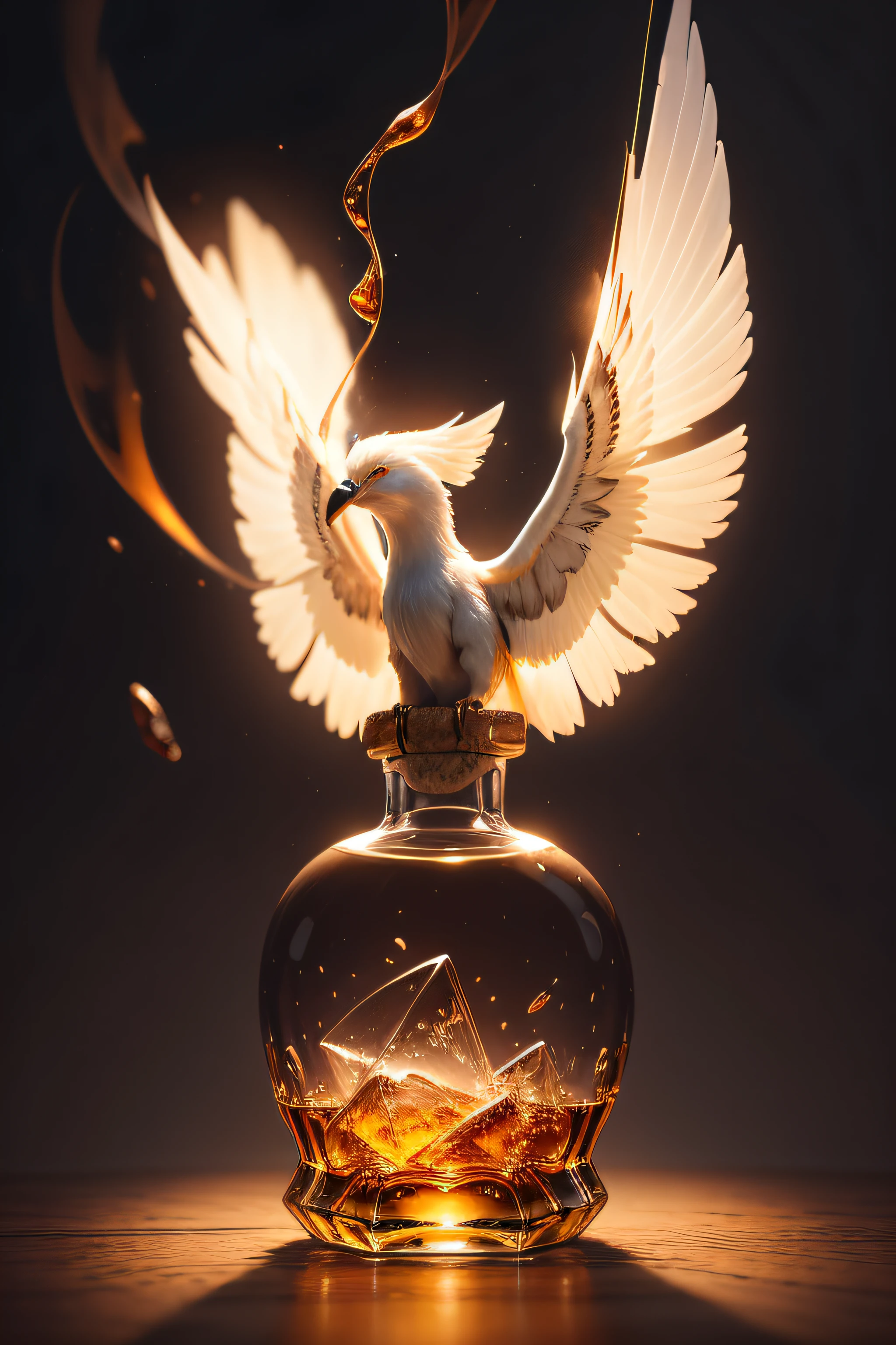 Design an image featuring a single whiskey bottle flying gracefully in mid-air. The bottle should have elegant wings sprouting from the sides, adding a touch of sophistication to its appearance. The label on the bottle should be exquisitely detailed, featuring intricate patterns and a golden embossed logo. The whiskey inside the bottle should have a rich, amber hue, and the bottle should be partially filled, showcasing the liquid's enticing color. The background of the image should be pure white, emphasizing the beauty and elegance of the flying whiskey bottle. Use lighting and shadows to create a sense of depth and dimension, making the bottle appear as if it's hovering effortlessly. The overall composition should exude a sense of refined luxury and intrigue, making the viewer wonder about the magical world where this flying whiskey bottle exists."
