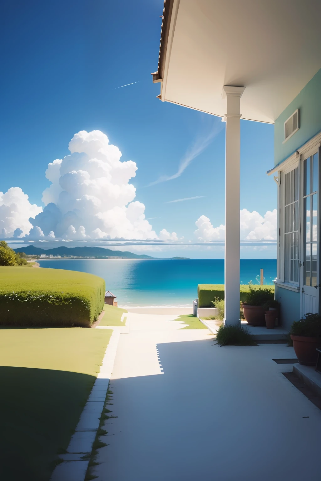 scenecy,The blue sky is blue,The clouds are white,Intentional realm,beachside,Greenery,Back Shadow