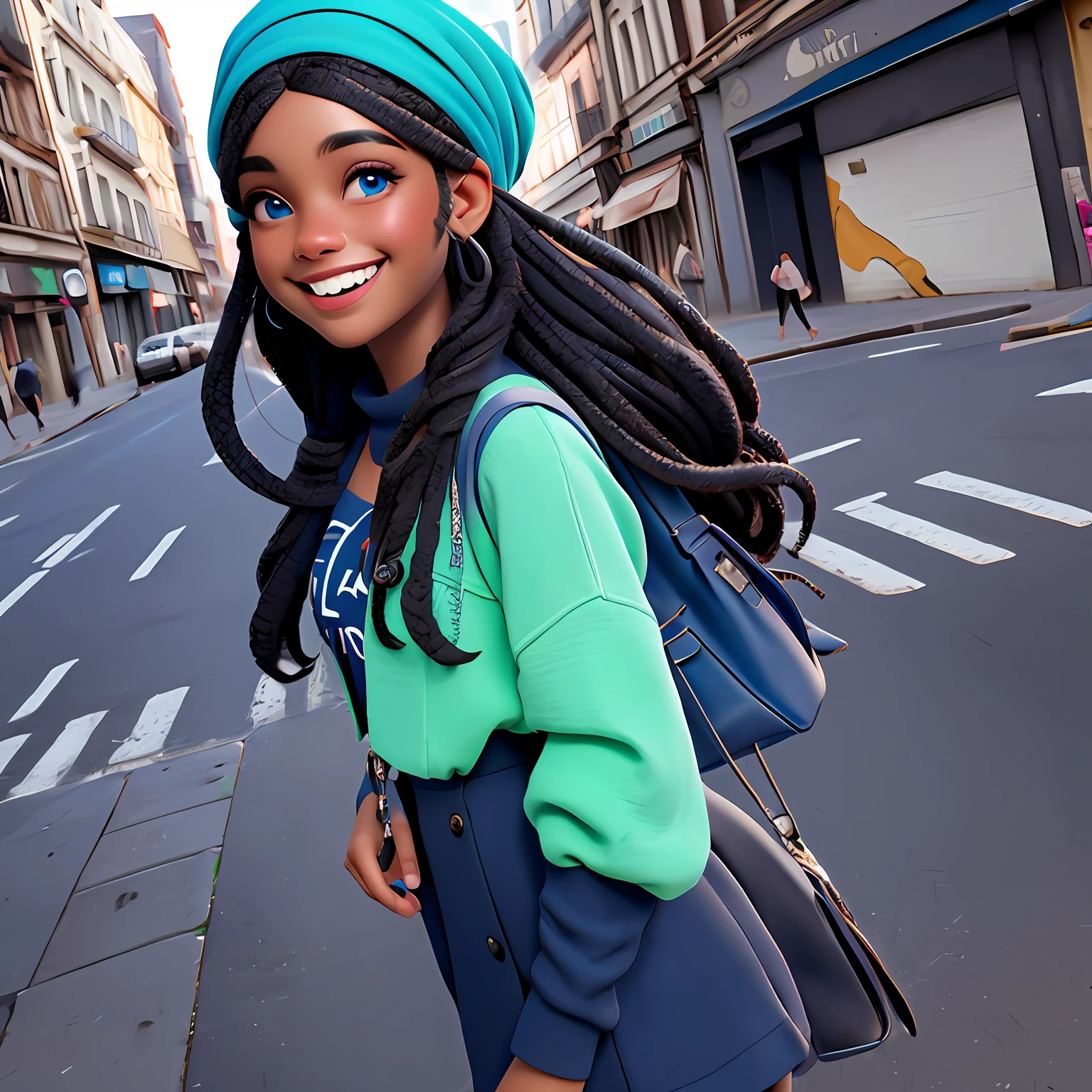 menina negra, adolescente, Vestido longo preto, sorriso claro, flor, ao ar livre, turbante, Seu cabelo esta preso coque, tom azul claro, preto e dread's azul escuro e preto, corpo inteiro, The background is filled with an urban tone of the city, evoking a sense of lightness and happiness.