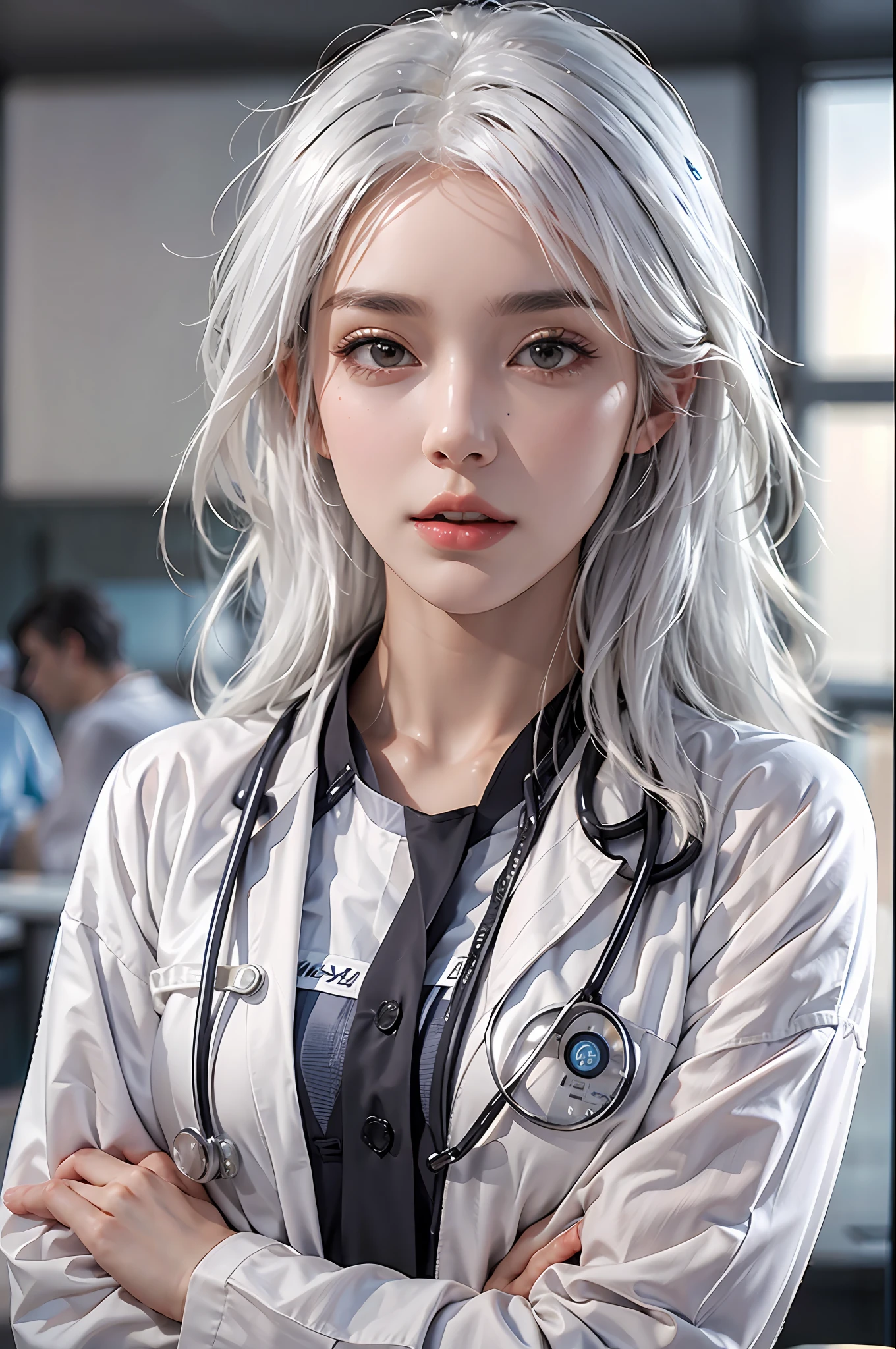 photorealistic, high resolution, 1 women, solo, hips up, look at viewer, (detailed face), white hair, Long Hair, doctor outfit, name tag