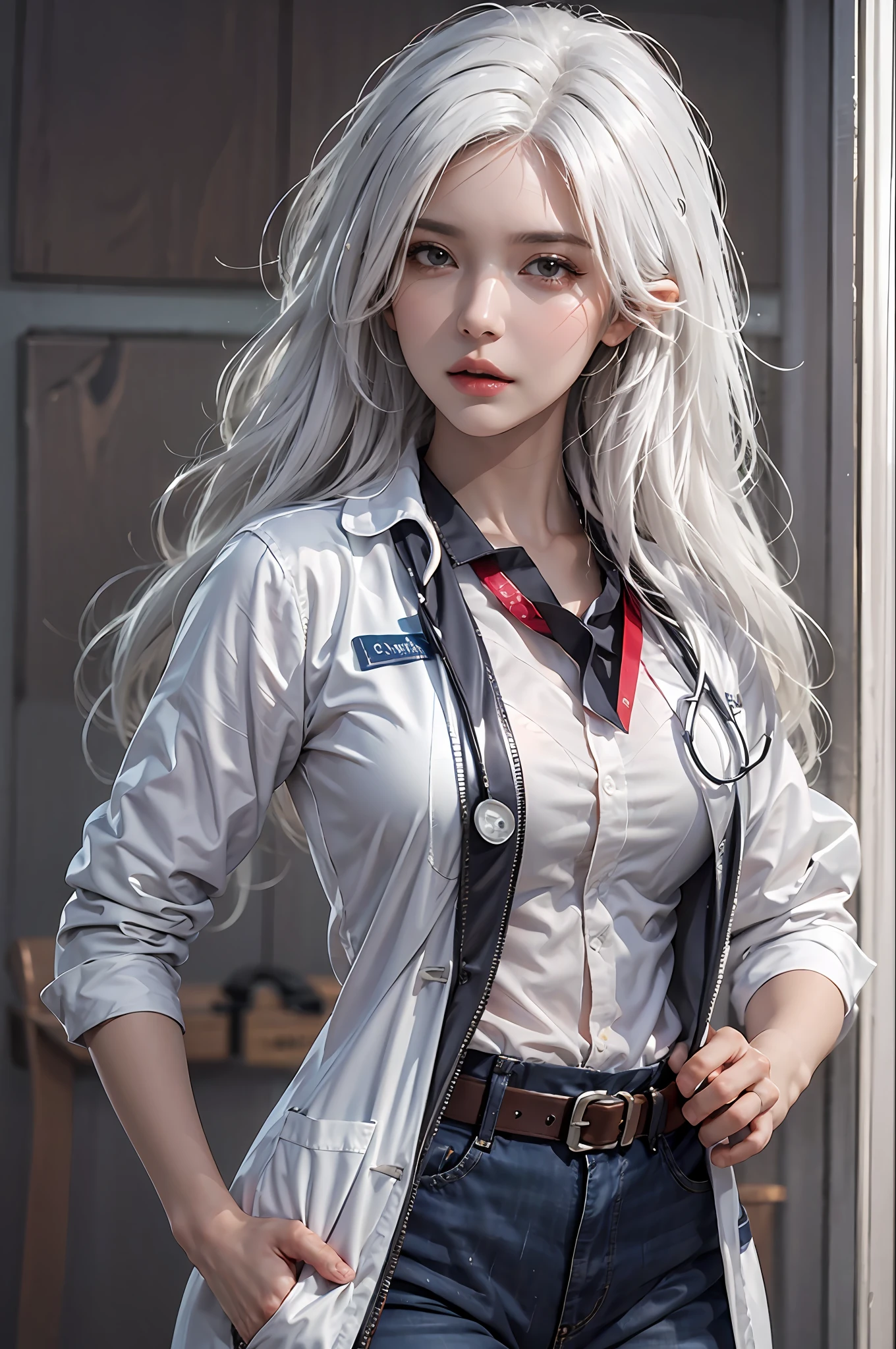 photorealistic, high resolution, 1 women, solo, hips up, look at viewer, (detailed face), white hair, Long Hair, doctor outfit, name tag