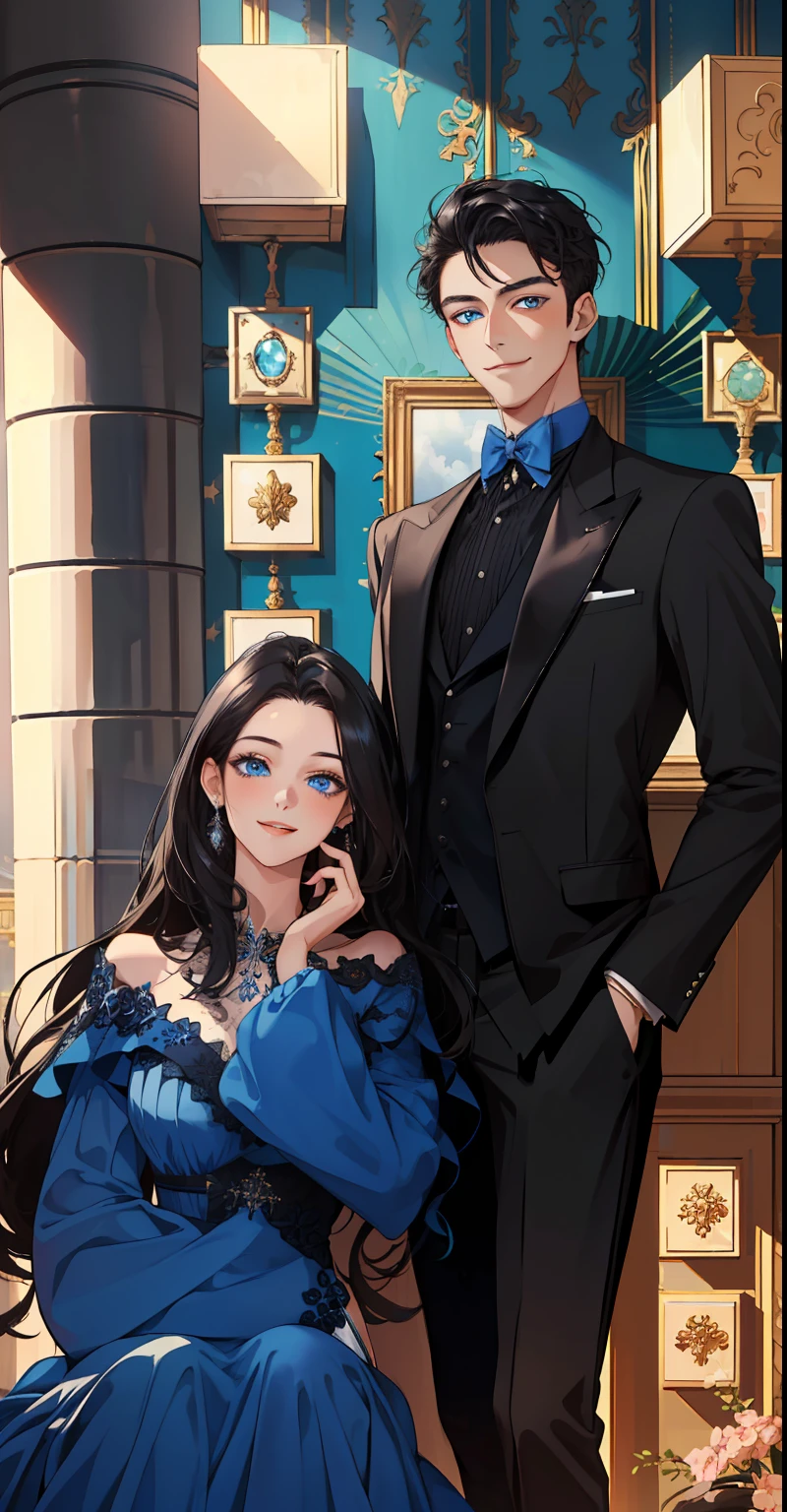 (masterpiece, best quality, highres, Sweet couple, beautiful girl, gown, young boy, smile, couple photo, detailed eyes, blue eyes girl, detailed face, black hair, stylish hair, classy outfit, aesthetic background, highly detailed