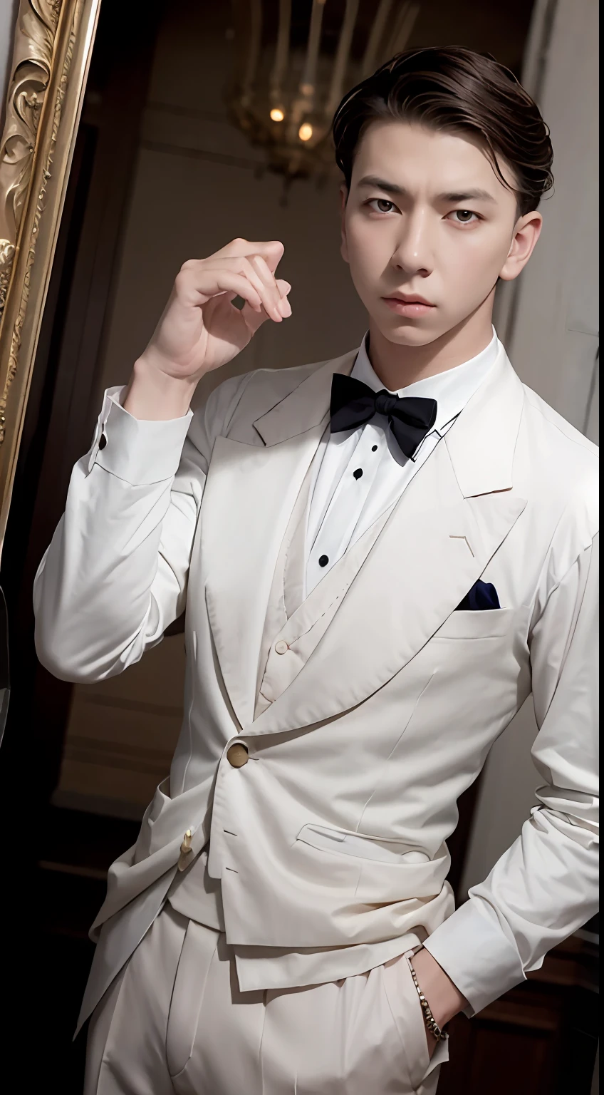 "A dapper gentleman dressed in exquisite attire from the 1900s."