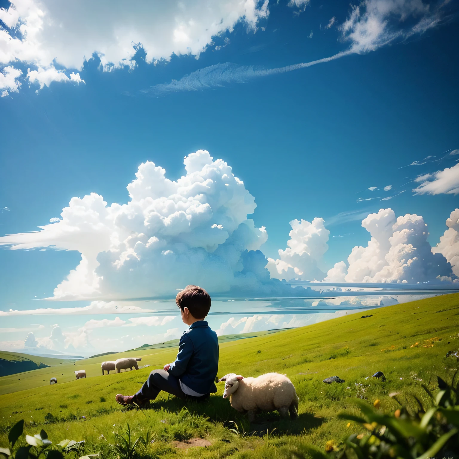 grasslands,a 5 years old boy,lie up and (((looking at the clouds))),(Sheep-shaped cloud)