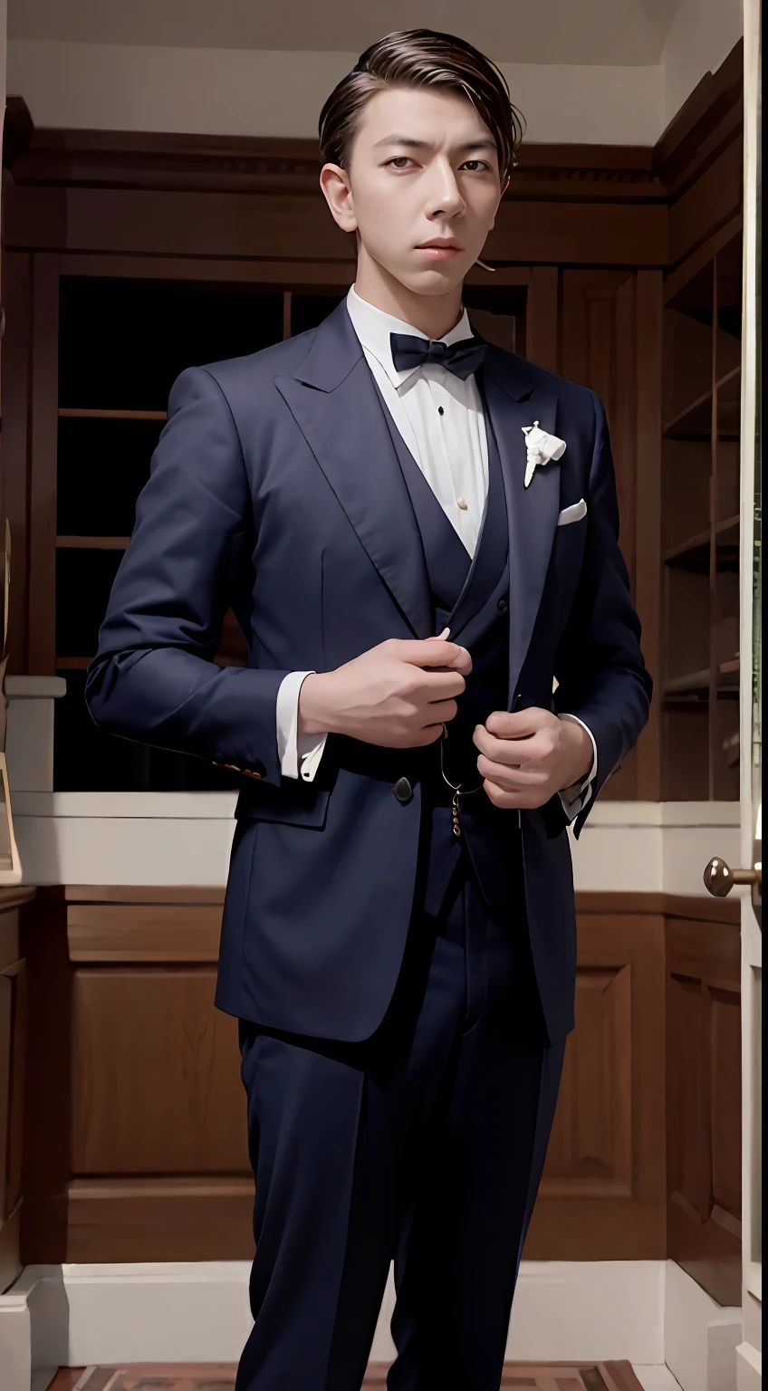 "A dapper gentleman dressed in exquisite attire from the 1900s."