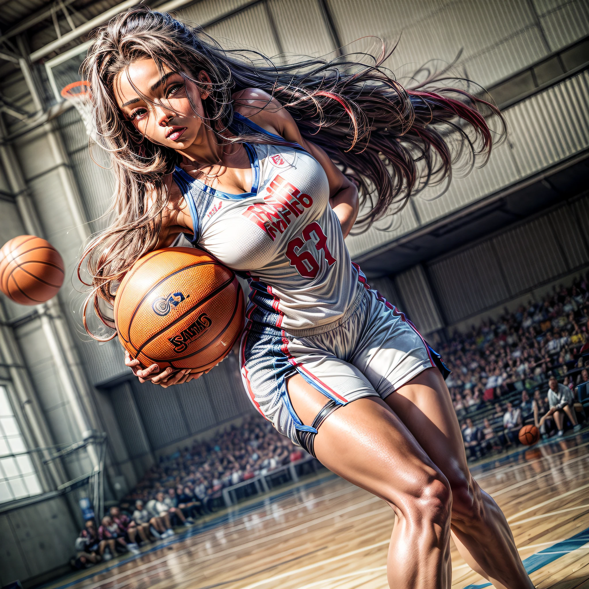 (Masterpiece:1.4),(Best Quality:1.4), ((full body)) basketball player, ((dark skin tone)), big breasts, hair between eyes, long hair with red streaks, oval face, eyelids doubles, parted lips, very light brown eyes, solo, natural, bright red lips, shapely and detailed thighs, low angle (from bottom angle), highly detailed skin, skin pores skin, (sfw) doing a dribble on court basketball.