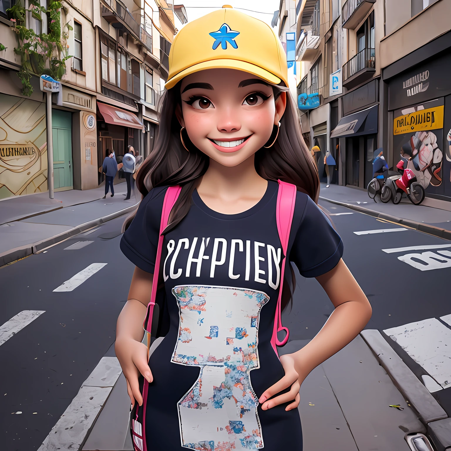 menina jovem, adolescente, Vestido longo preto, sorriso claro, flor, ao ar livre, cap cap, Seu cabelo esta preso, tom loiro claro, corpo inteiro, The background is filled with an urban tone of the city, street, evoking a sense of lightness and happiness.