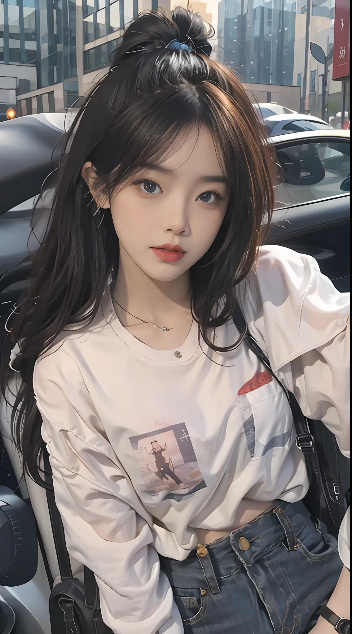 best qualtiy，tmasterpiece，8K分辨率，（realisticlying：1.2），RAW photogr，（Evening street），1个Giant Breast Girl，黑The eye，looking at viewert，long whitr hair，Light makeup，cparted lips，tiny ears，whitet-shirt，denim short，耳Nipple Ring，Sit in Ferrari，Bigchest，Slim