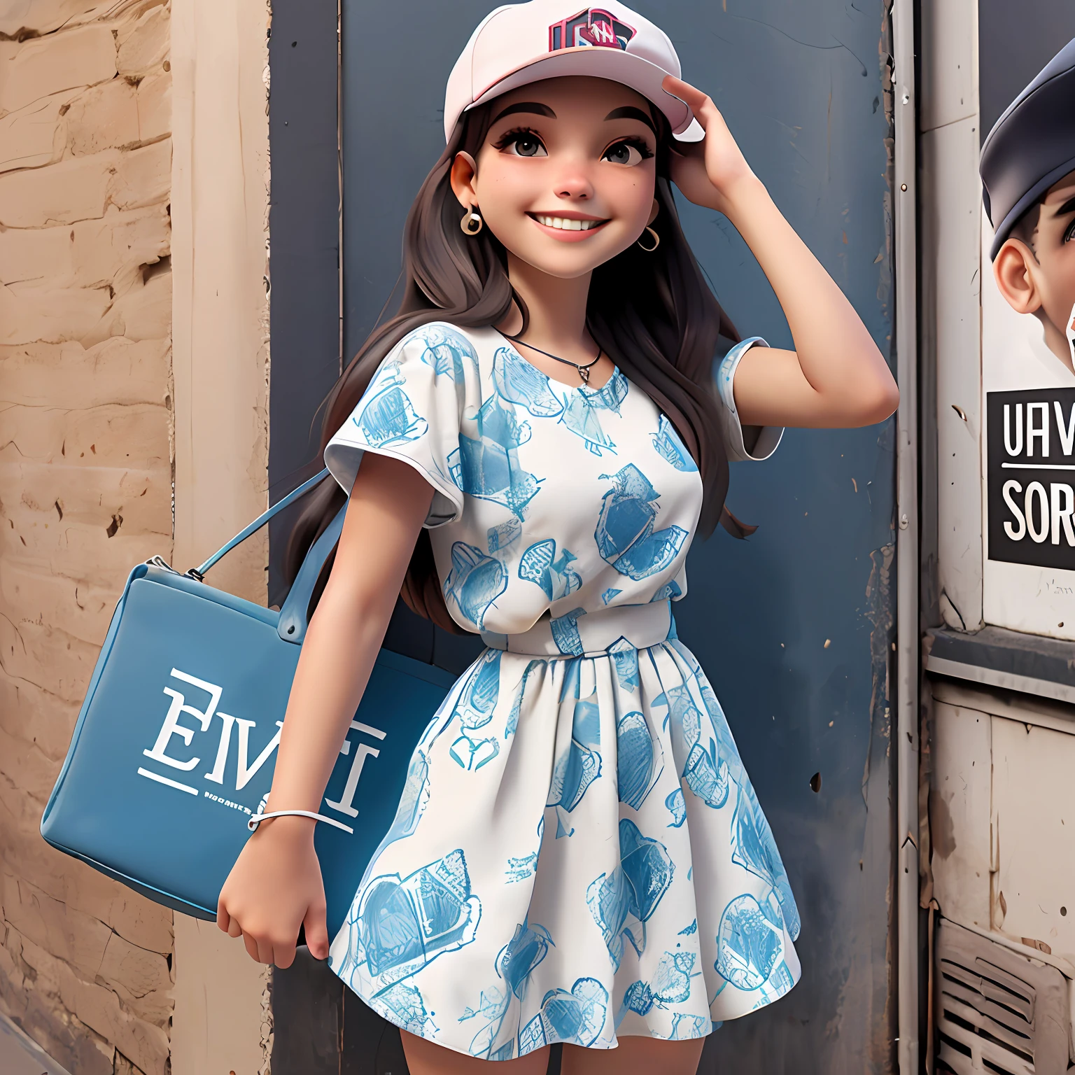 menina jovem, adolescente, Vestido longo preto, sorriso claro, flor, ao ar livre, cap cap, Seu cabelo esta preso, tom loiro claro, corpo inteiro, The background is filled with an urban tone of the city, street, evoking a sense of lightness and happiness.