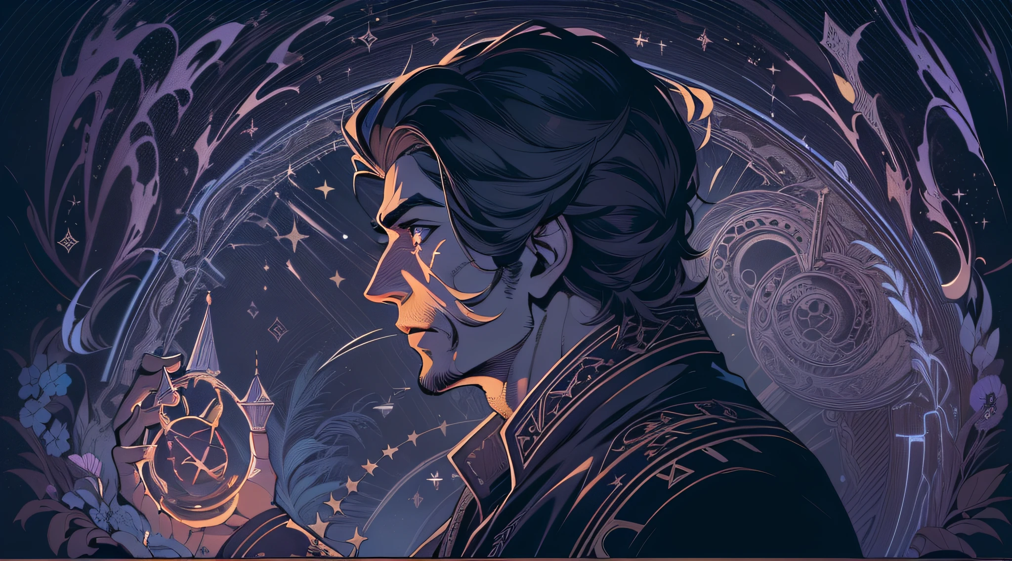 (masterpiece, best quality:1.4),(absurdres, highres, ultra detailed:1.2), (1 handsome man:1.4),(using dark magic:1.4),purple magic,playful illustrations, imaginative overlays, artistic fusion,fantastical scenes, evocative narratives, striking visuals, upper body