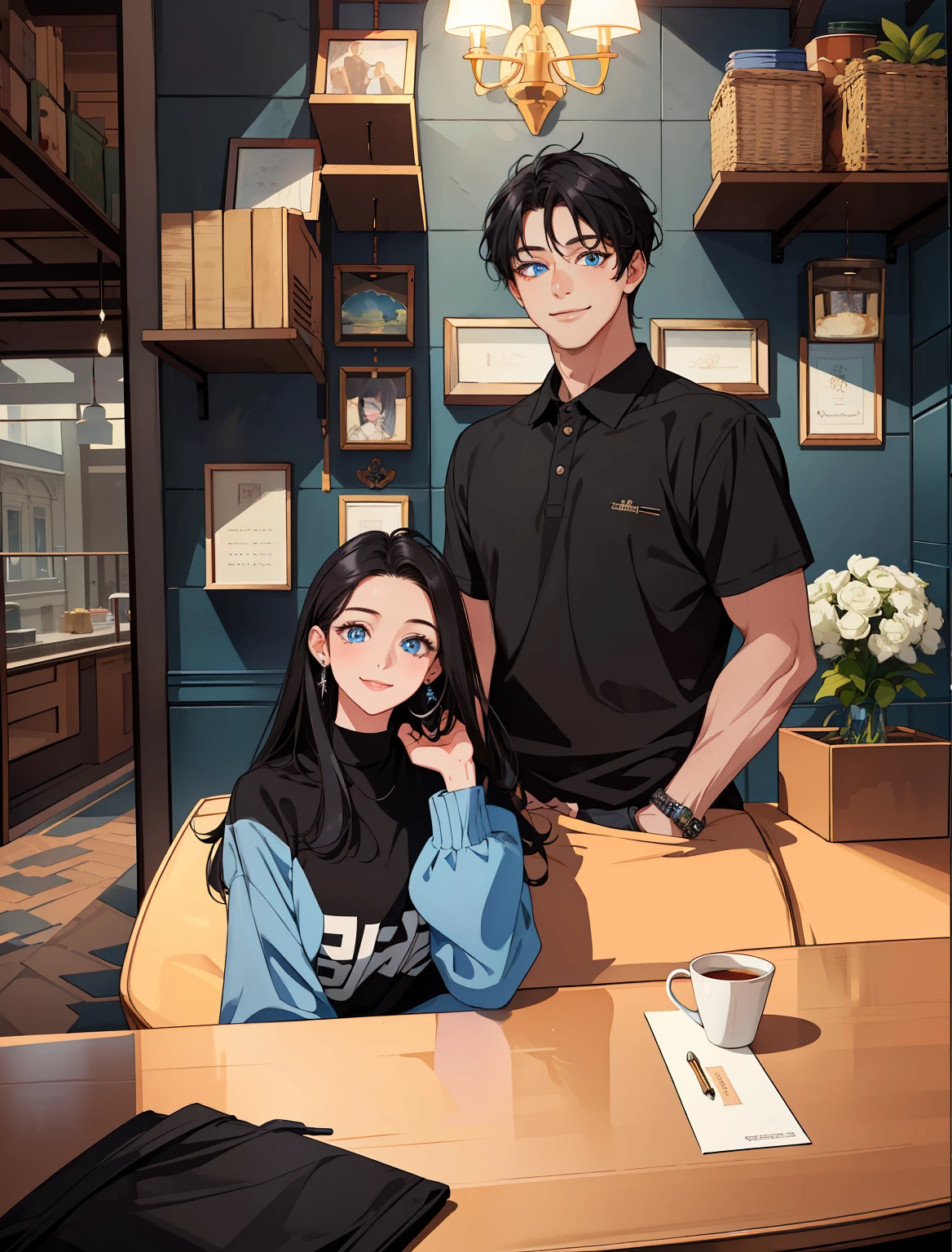 (masterpiece, best quality, highres, Sweet couple, beautiful girl, young boy, smile, couple photo, detailed eyes, blue eyes girl, detailed face, black hair, stylish hair, casual outfit, table, aesthetic background, highly detailed