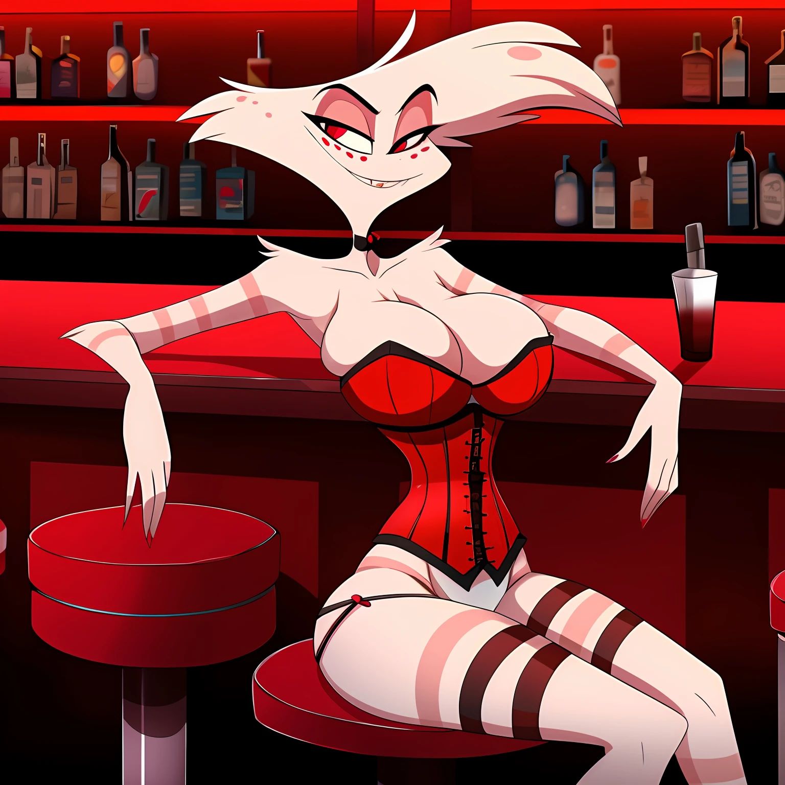 Angel Dust Hazbin Hotel, big breasts, wide hips, ((wearing small corset)), waist garter, panties, cleavage, highly detailed, hi res, high resolution, cleavage, at bar, red theme, (cleavage overflow), sexy pose, pinup, sitting