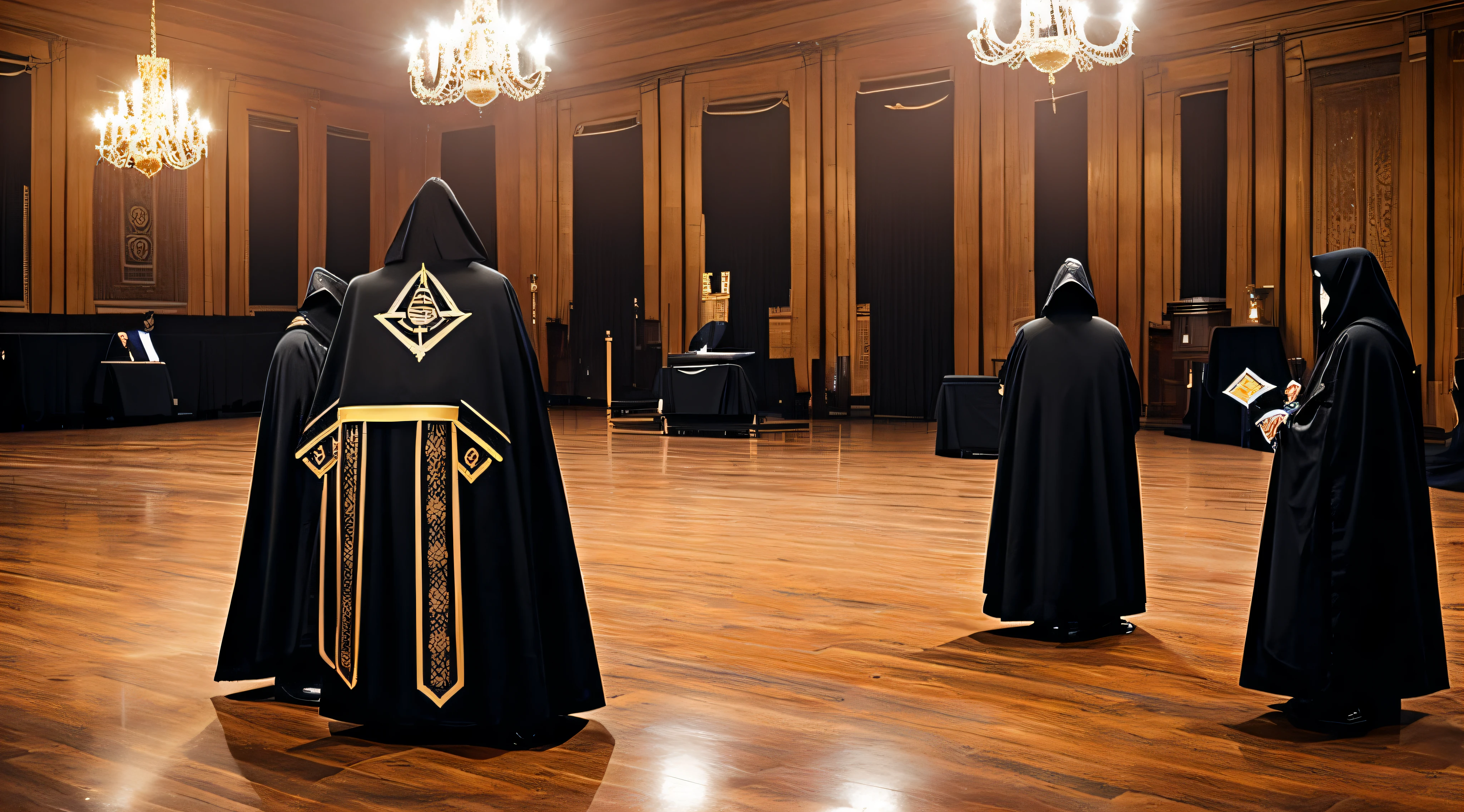 Hooded old men dressed in black inside a Masonic lodge dropping money from on high --auto