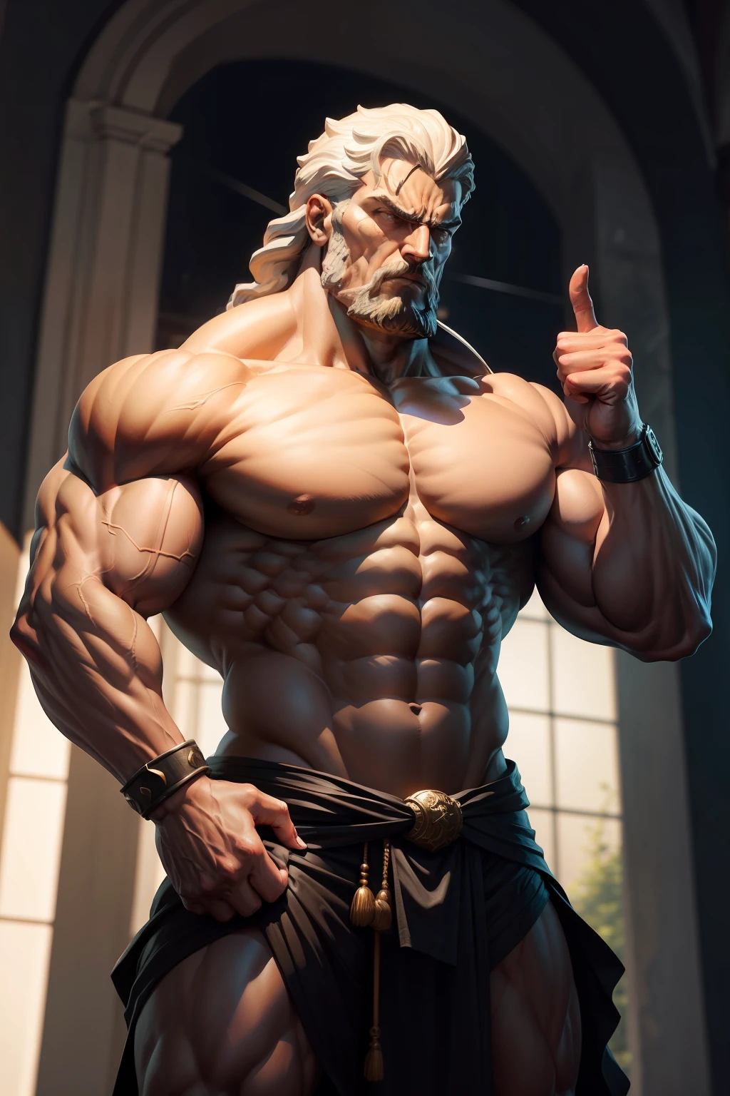 Very strong stoic statue with very big muscles, showing discipline, serious expression, and pointing his hand to the side and using his finger with his arm straight, the statue is shown in the entire image -- 4K
