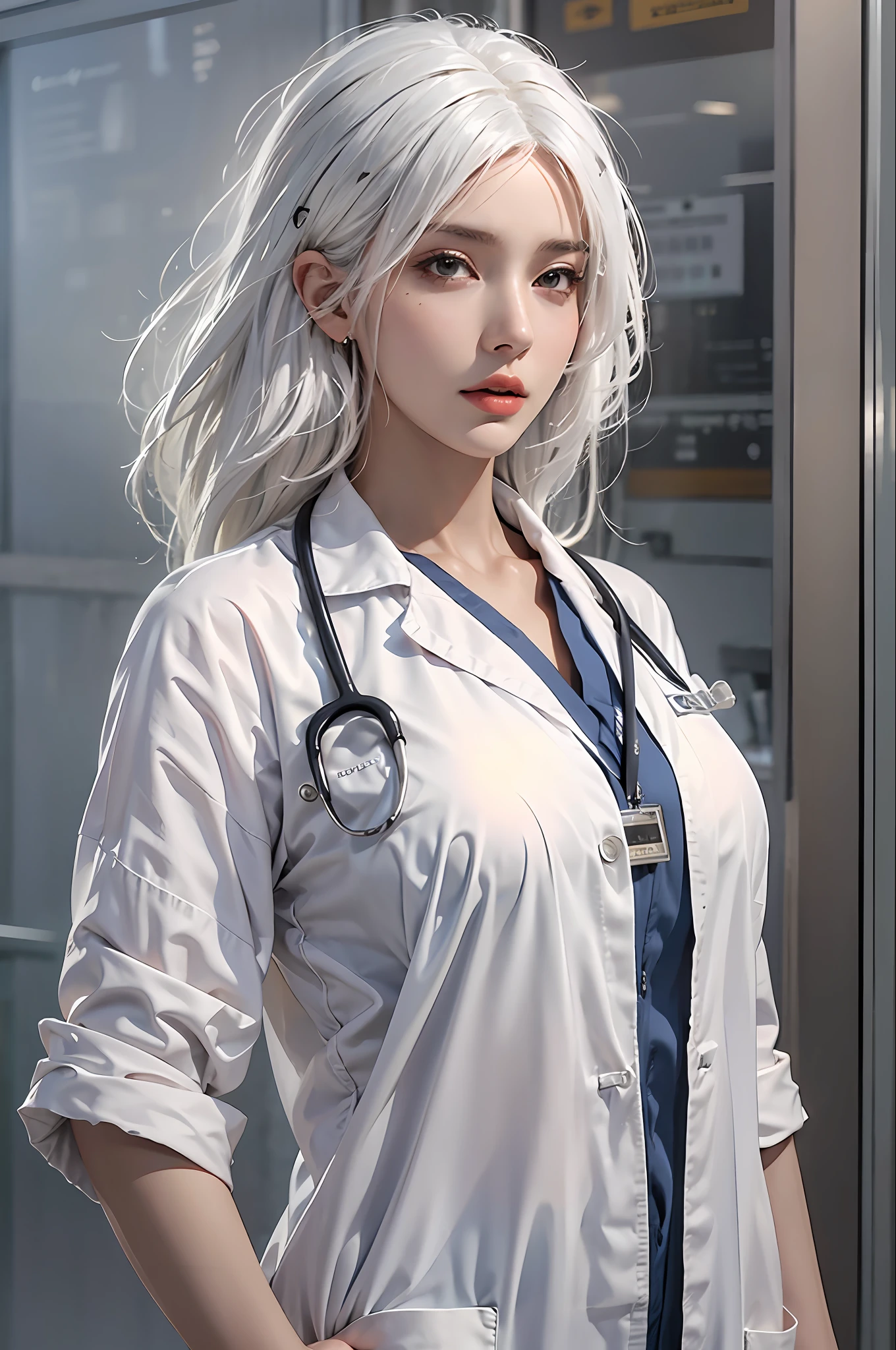 photorealistic, high resolution, 1 women, solo, hips up, look at viewer, (detailed face), white hair, Long Hair, doctor outfit, name tag