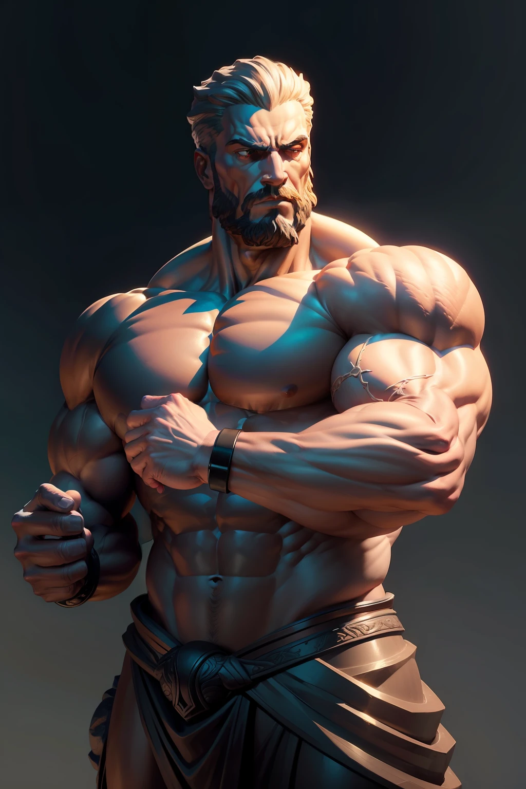 Very strong stoic statue with very big muscles, showing discipline, serious expression, and pointing his hand to the side and using his finger with his arm straight, the statue is shown in the entire image -- 4K