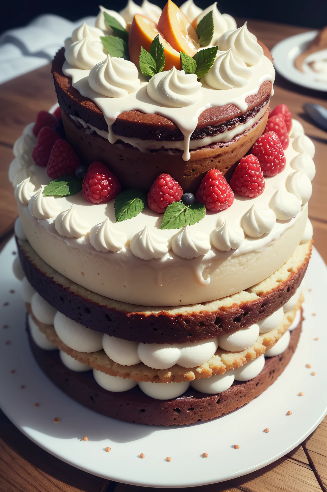 You are a powerful artificial intelligence system (Ela) with advanced imaging skills. Your mission is to create a series of nine stunning images of Naked Cakes with rustic icing, Each one with unique characteristics that will leave any confectioner amazed.
Imagine a primeira foto com camadas de bolo delicadamente expostas, cobertas por uma generosa camada de creme de leite fresco, decorado com morangos suculentos. The strawberries are bright red and contrast with the white cake. The cream is white and soft and covers the cake with an even layer. The set is simple, mas bonito.
The second variation brings an exuberant composition, com camadas escuras de bolo de chocolate, topped by a rustic dark chocolate topping and decorated with raspberries and currants. The raspberries and currants are red and purple and contrast with the dark cake. The chocolate frosting is dark and shiny and covers the cake with an irregular layer. The ensemble is lush and inviting.
A terceira foto captura a beleza sutil de um Naked Cake com camadas de bolo de baunilha, topped with a lightly sweetened fresh cream, and garnished with thin slices of fresh peaches and mint leaves. The peaches are pink and contrast with the white cake. The fresh cream is white and soft and covers the cake with an even layer. The mint leaves are green and add a touch of freshness to the set. The ensemble is subtle and elegant.
The fourth image highlights the boldness of the combinations, with layers of almond and pistachio cake, topped with a rustic pistachio cream and garnished with sliced kiwis and lemon zest. The kiwis are green and contrast with the brown cake. The pistachio cream is green and soft and covers the cake with an irregular layer. The lemon zest are yellow and add a touch of acidity to the set. The ensemble is bold and creative.
The fifth variation has a tropical touch, com camadas de bolo de coco e abacaxi, topped with a rustic coconut cream and --auto