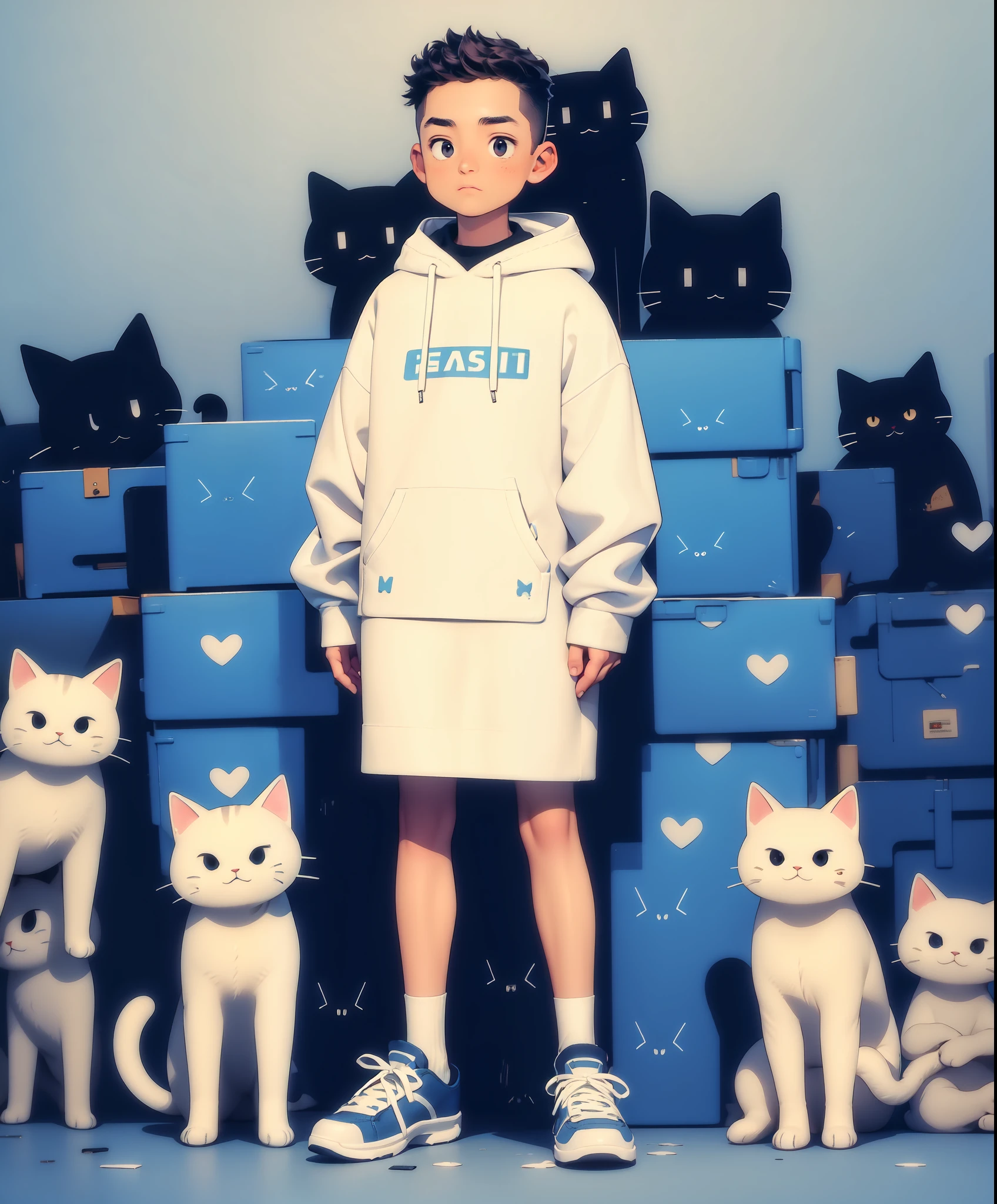 masterpiece, best quality, 1boy, hood, cat, long sleeves, full body